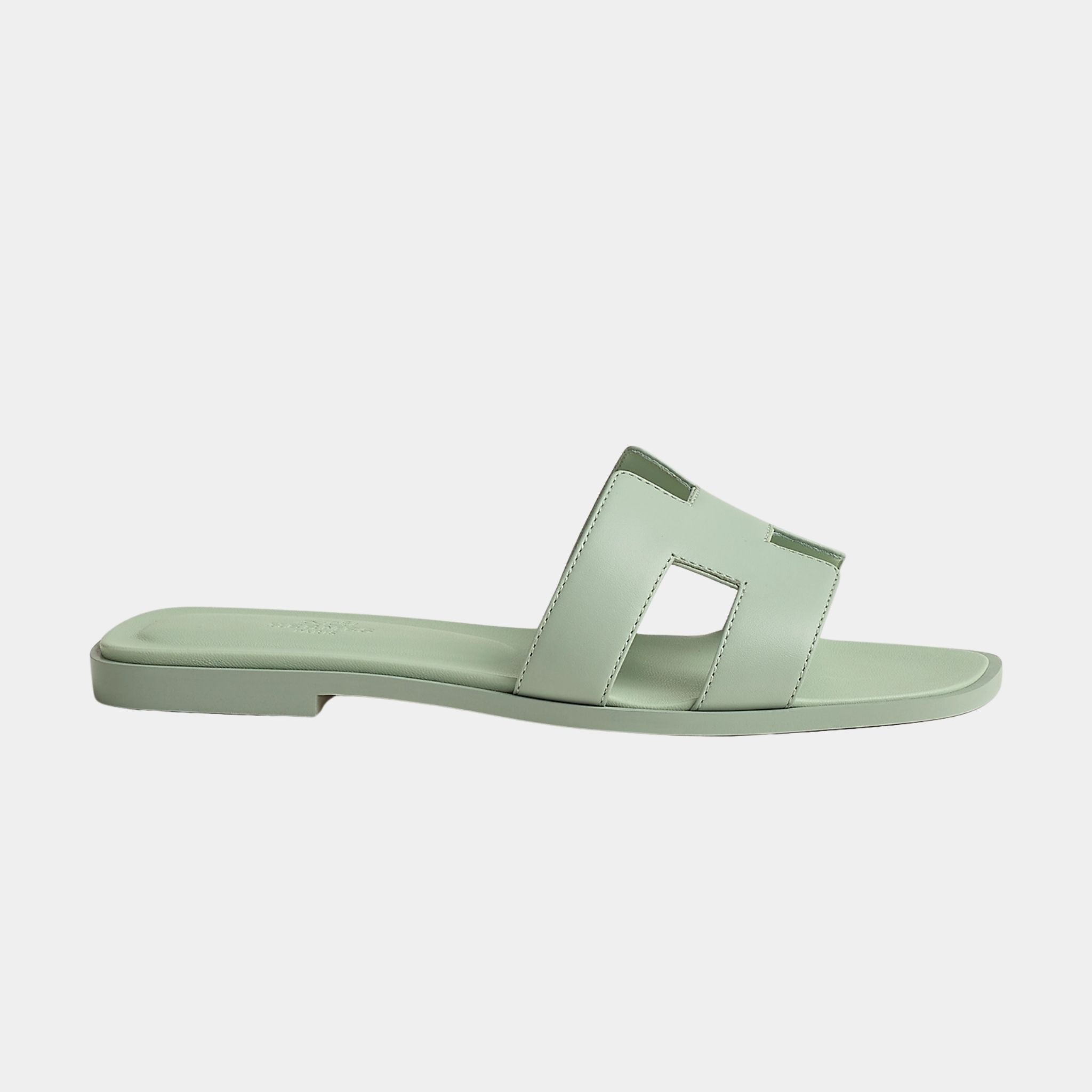 Hermes Oran Sandals In Calfskin, Vert Deau, Side