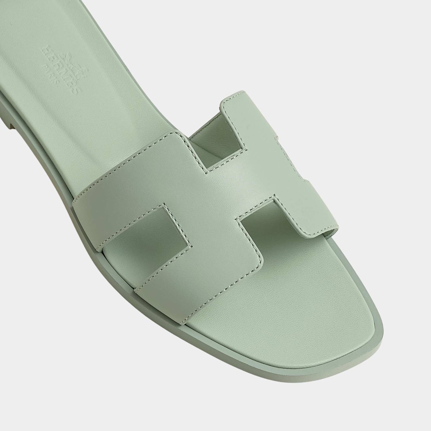 Hermes Oran Sandals In Calfskin, Vert Deau, Top