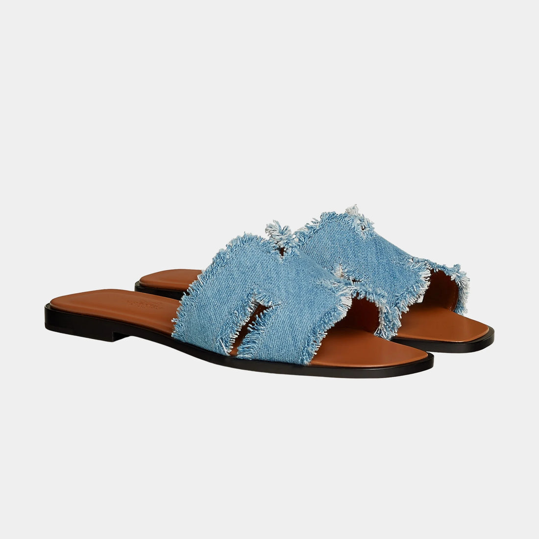 Hermes Oran Sandals in Maxi Fringed Denim, Bleu Clair, Front