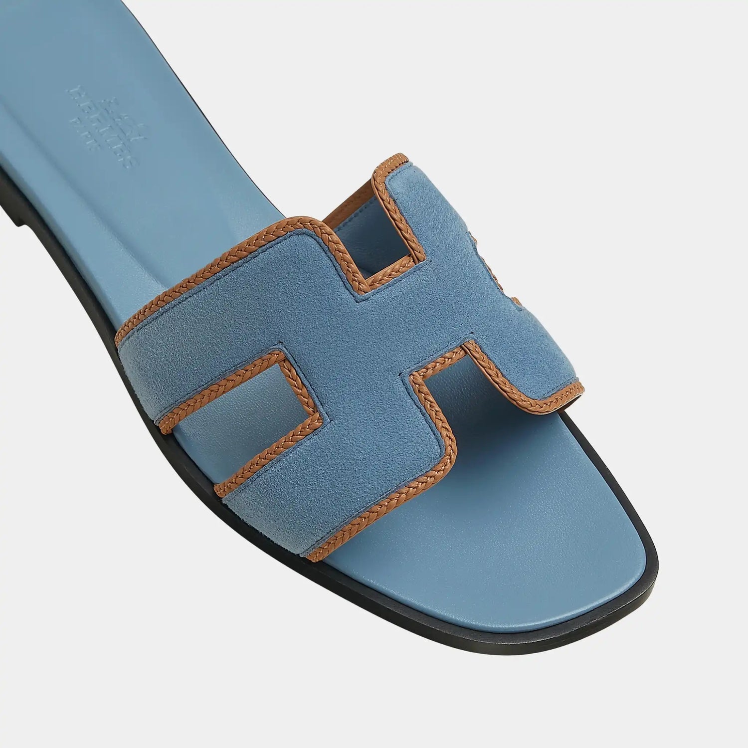 Hermes Oran Sandals in Suede and Braided Nappa Leather, Bleu Jean, Naturel, Top