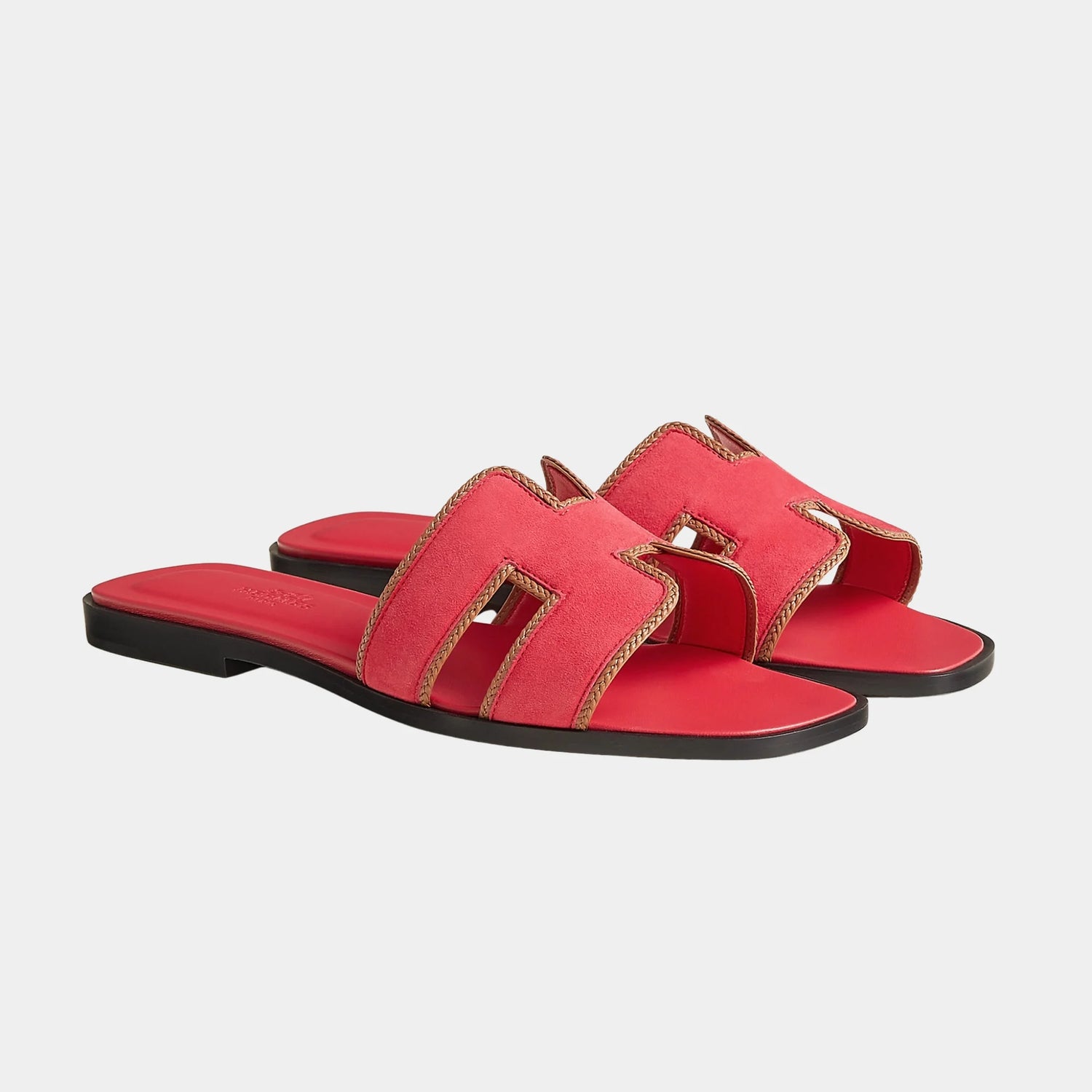 Hermes Oran Sandals in Suede and Braided Nappa Leather, Rose Grenade, Naturel, Front