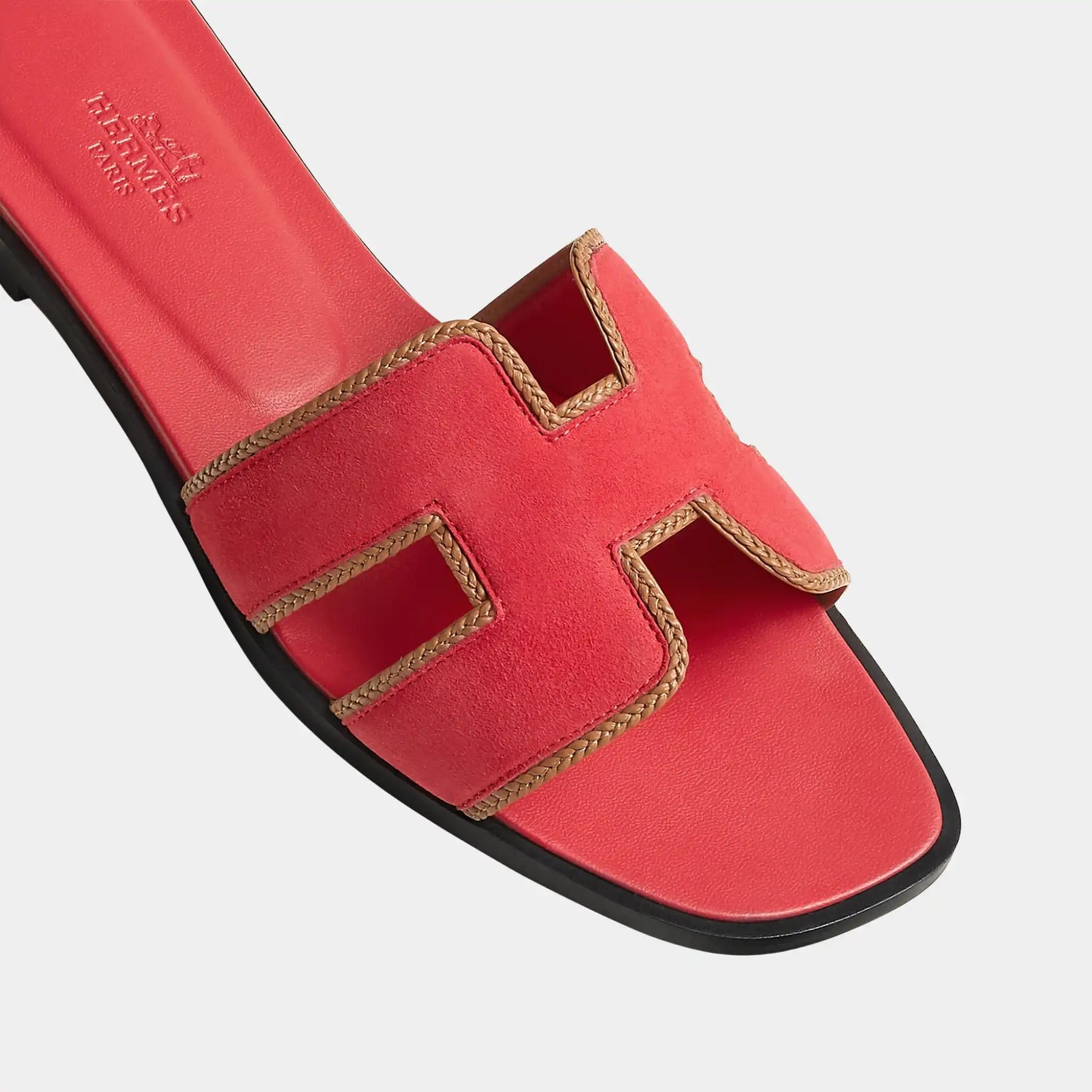 Hermes Oran Sandals in Suede and Braided Nappa Leather, Rose Grenade, Naturel, Top