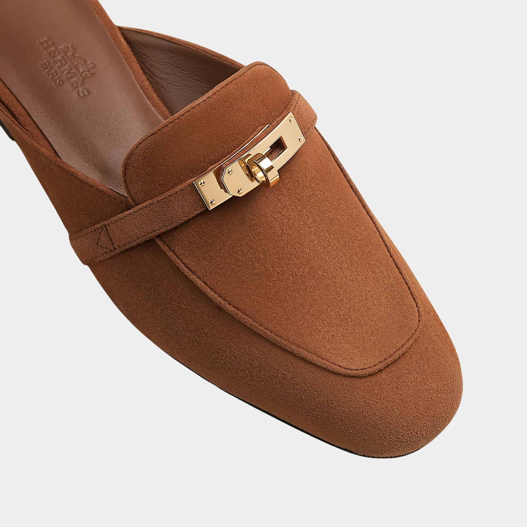 Hermes Oz Mules Goatskin Suede PHBW, Brun Amourette, Top