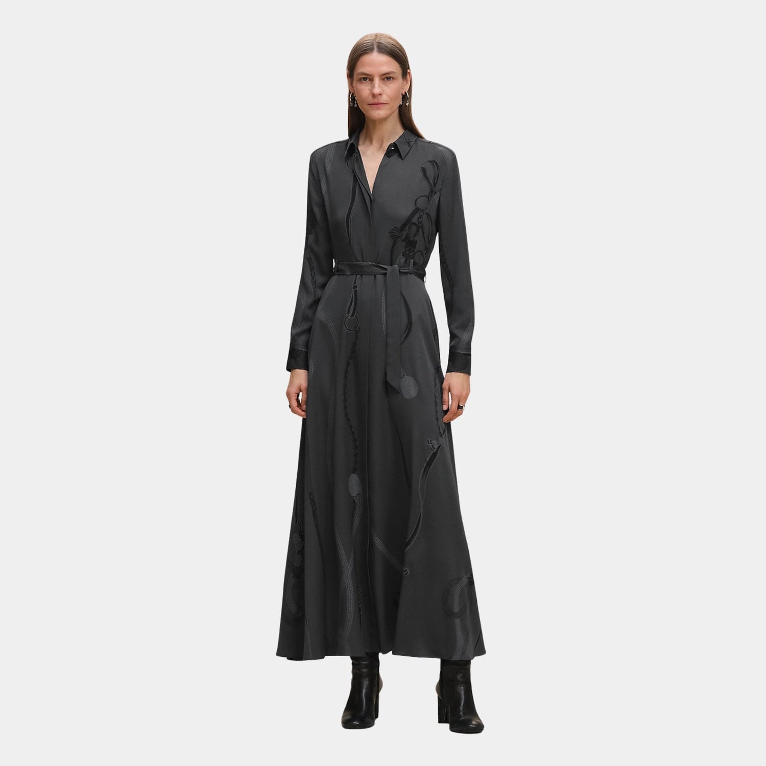 Hermes Palefroi Remix Buttoned Long Dress, Gris Charbon, Front