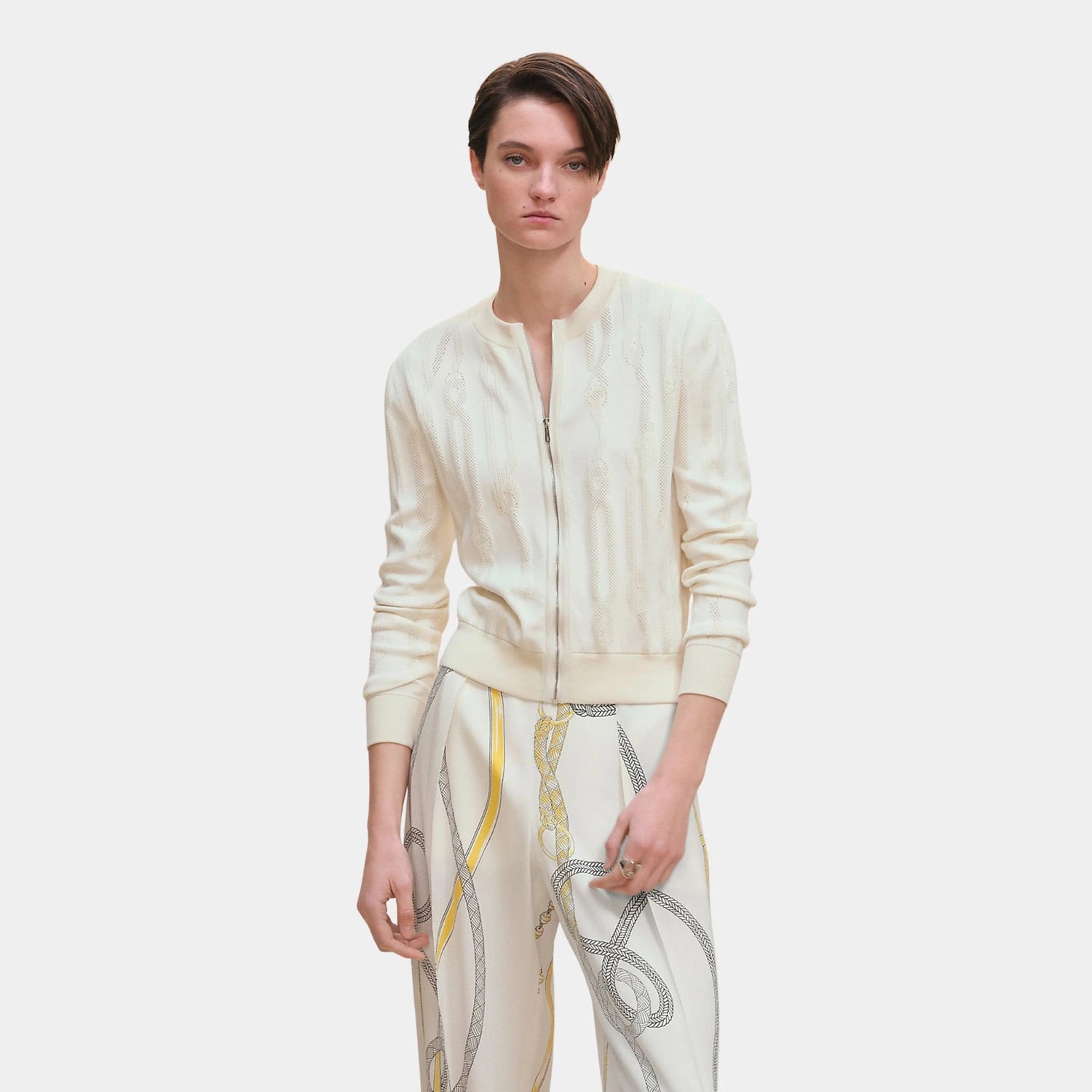 Hermes Palefroi Remix Long-sleeve Cardigan, Blanc Naturel, Front