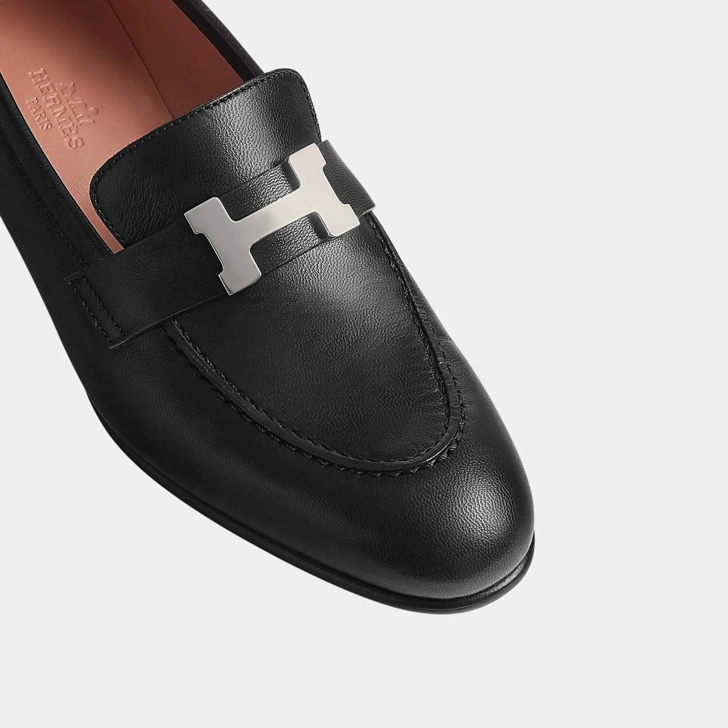 Hermes Paris Loafer in Goatskin with Palladium Plated Buckle Women, Noir, Top