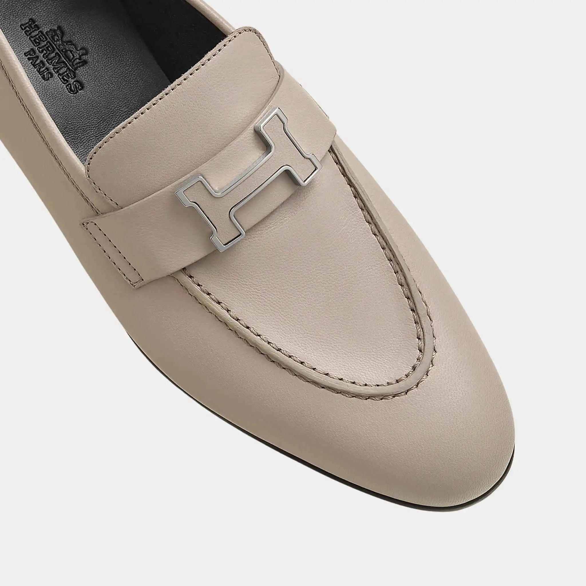 Hermes Paris Loafer Goatskin Paris Buckle Women, Beige Galet, Top