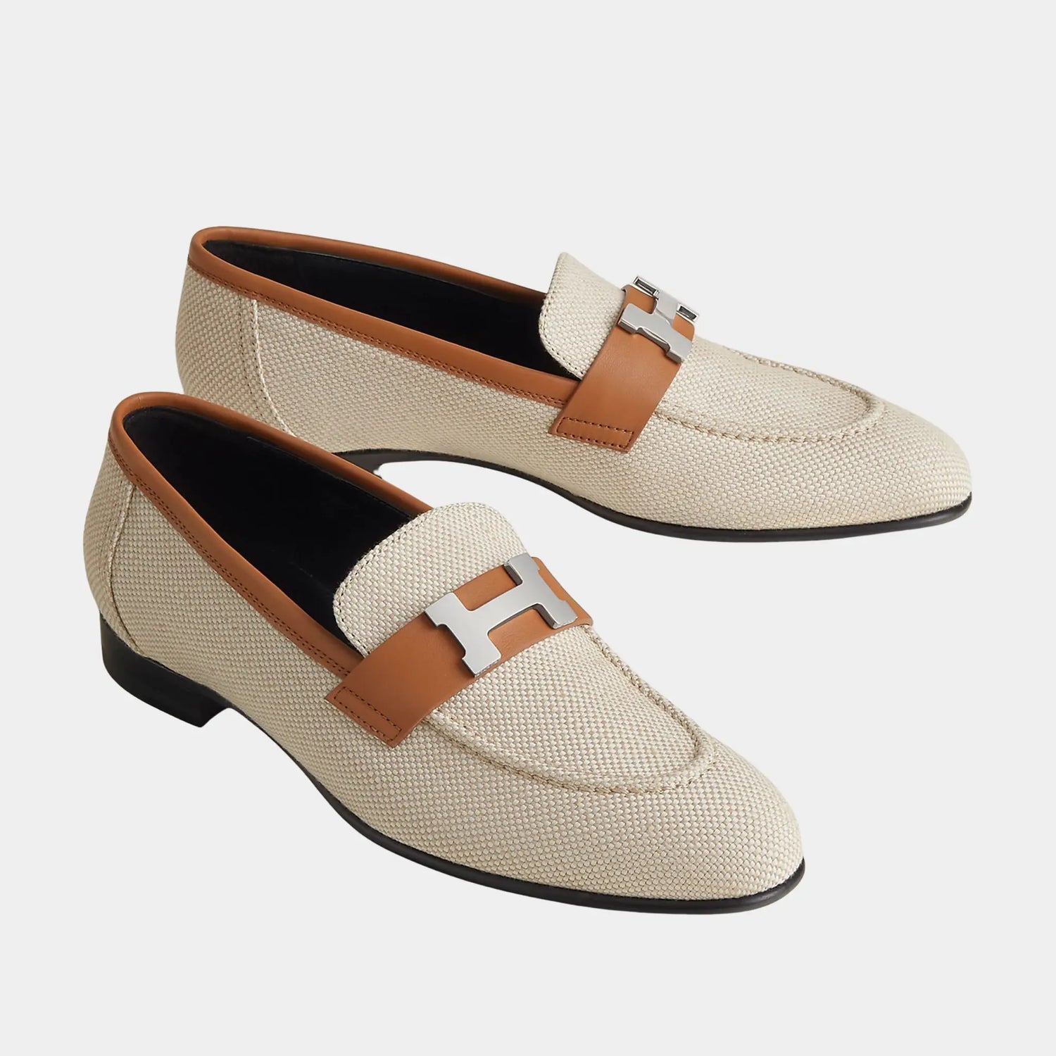 Hermes Paris Loafer in Linen and Calfskin, Beige, Naturel, Front