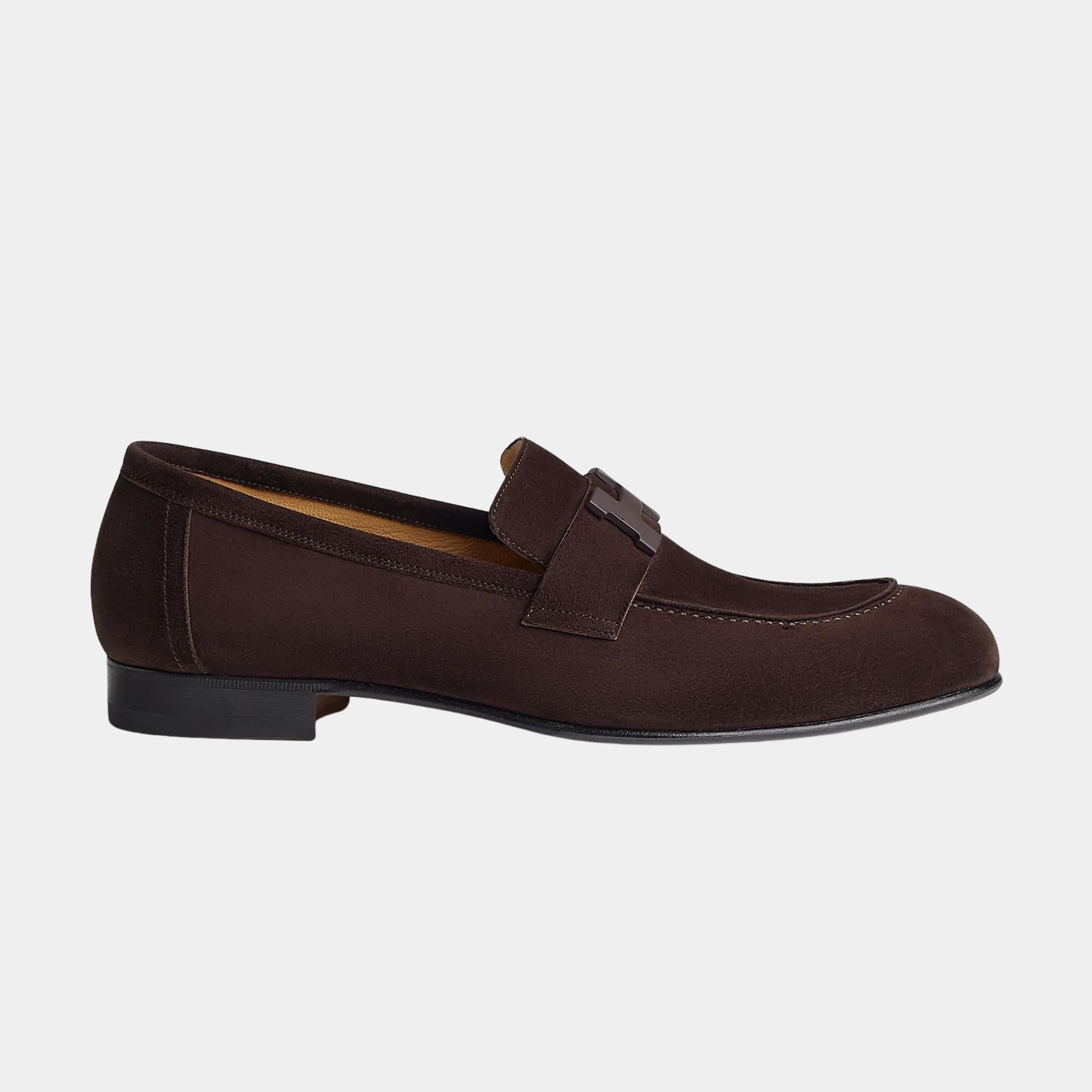 Hermes Paris Loafer in Suede Goatskin Men, Marron Ebene, Side