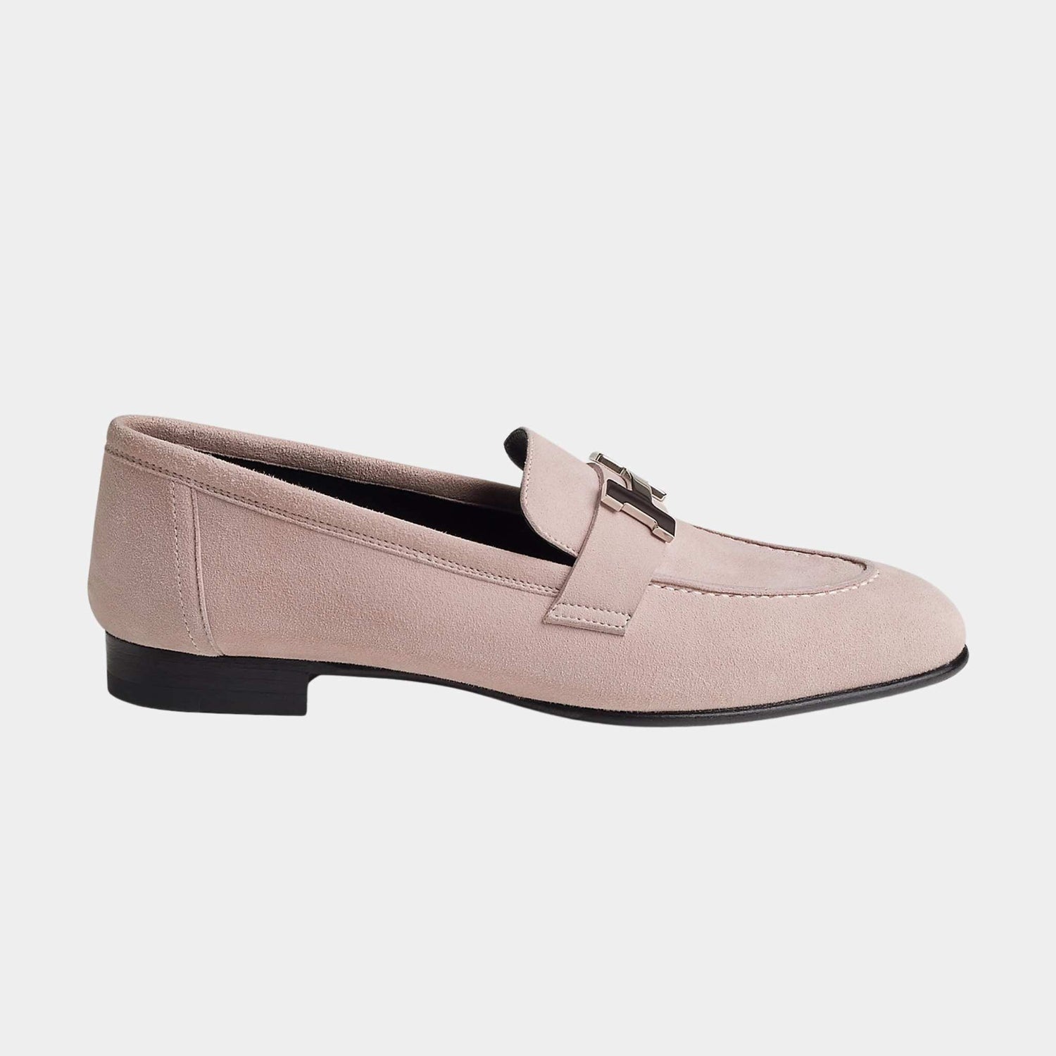 Hermes Paris Loafer in Suede Goatskin with Palladium Plated Buckle Women, Rose Porcelaine, Side