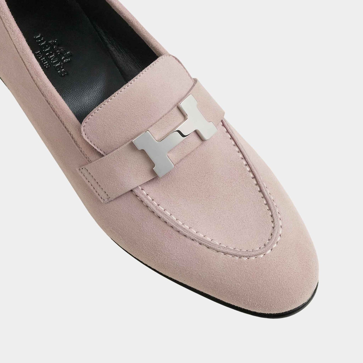 Hermes Paris Loafer in Suede Goatskin with Palladium Plated Buckle Top, Rose Porcelaine, Top