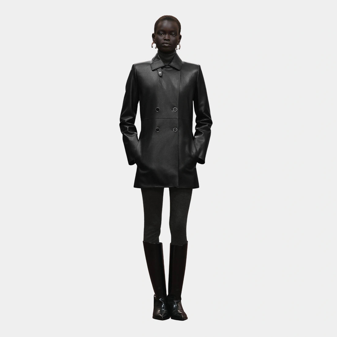 Hermes Pea Coat in Grained Calfskin, Noir, Front
