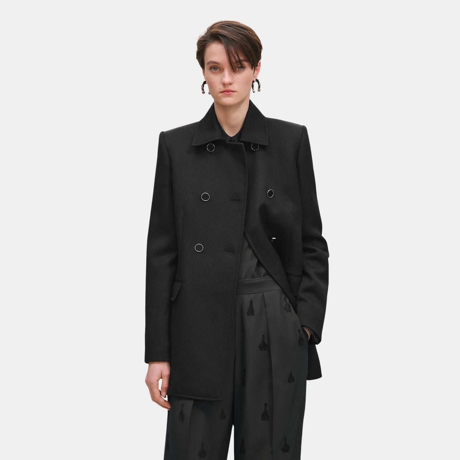 Hermes Pea Coat in Wool, Noir, Back, Close
