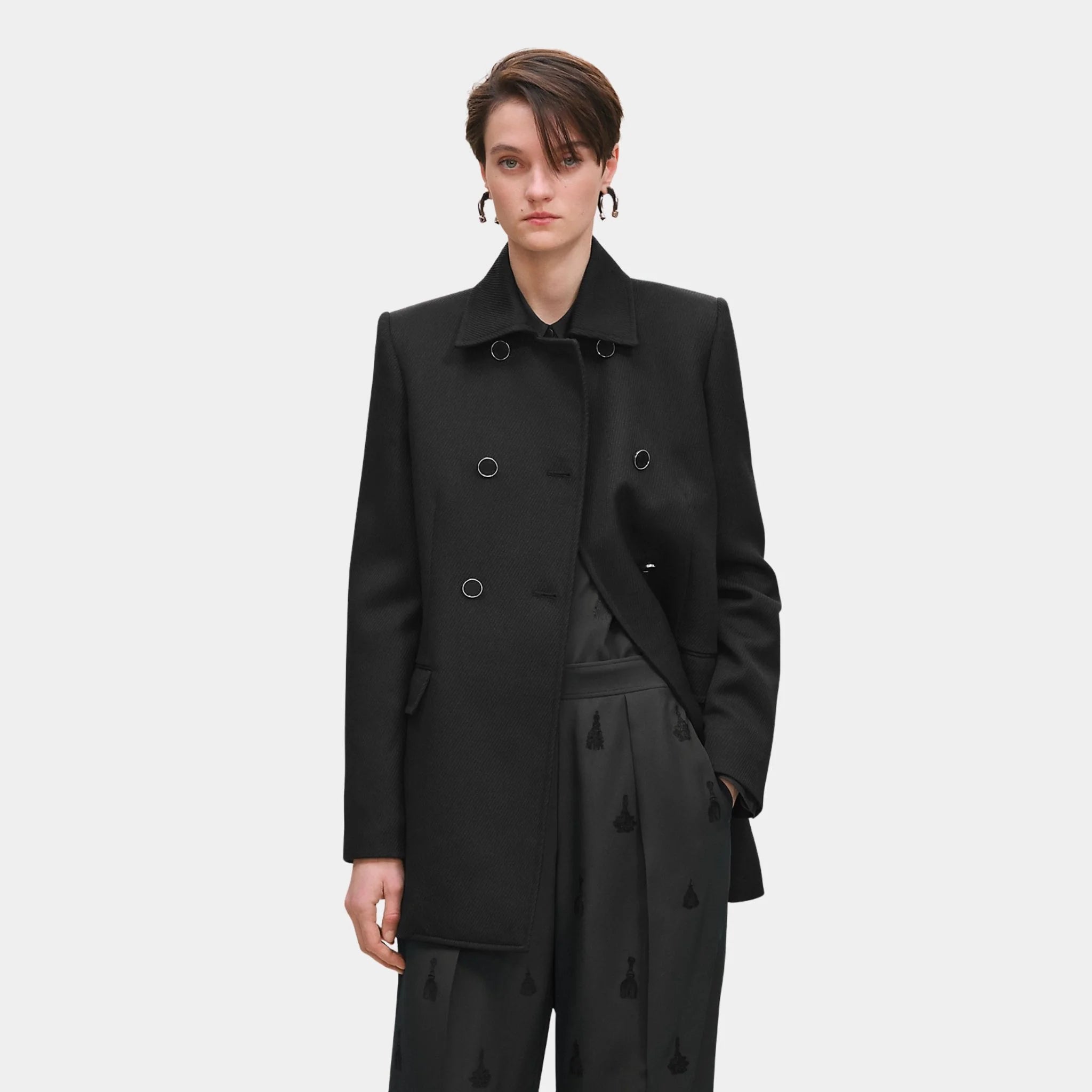 Hermes Pea Coat in Wool, Noir, Back, Close
