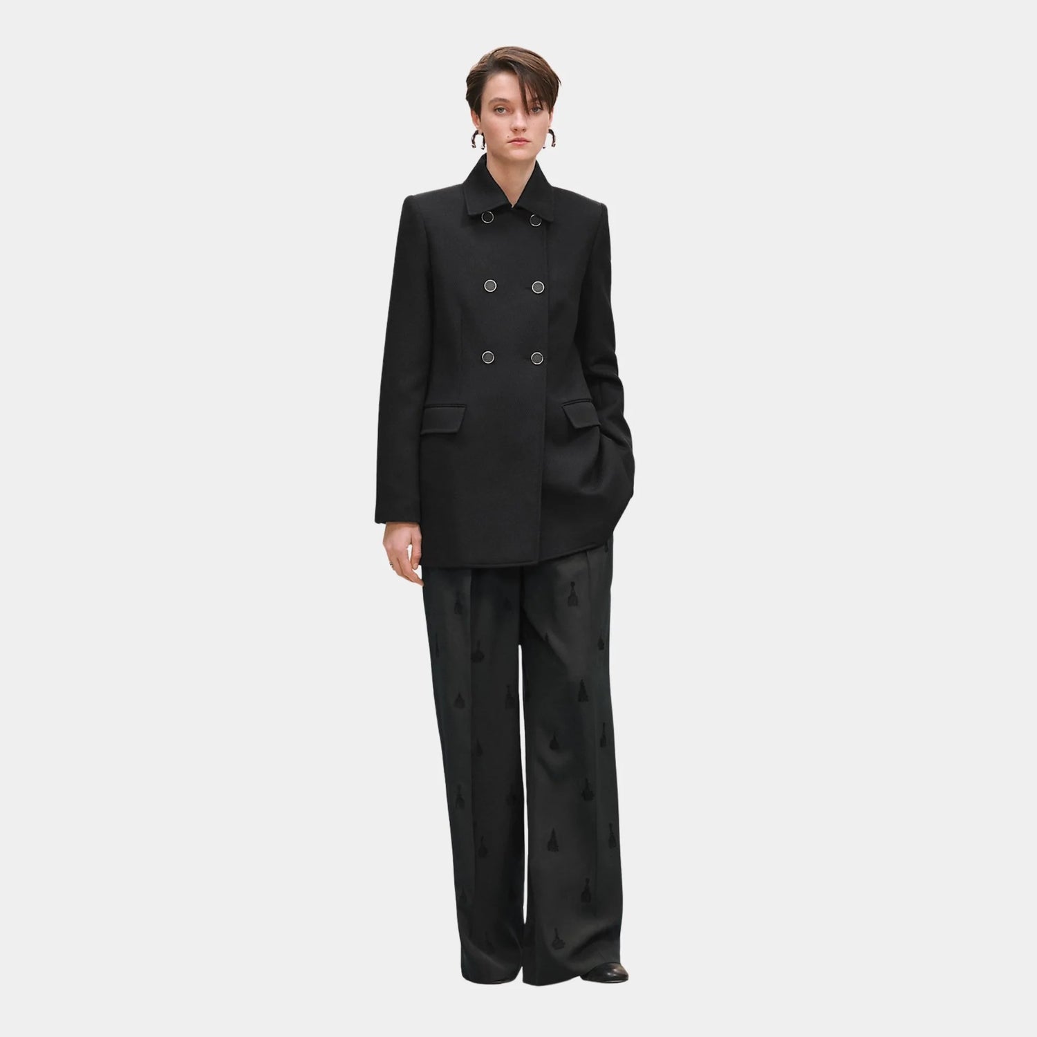 Hermes Pea Coat in Wool, Noir, Front