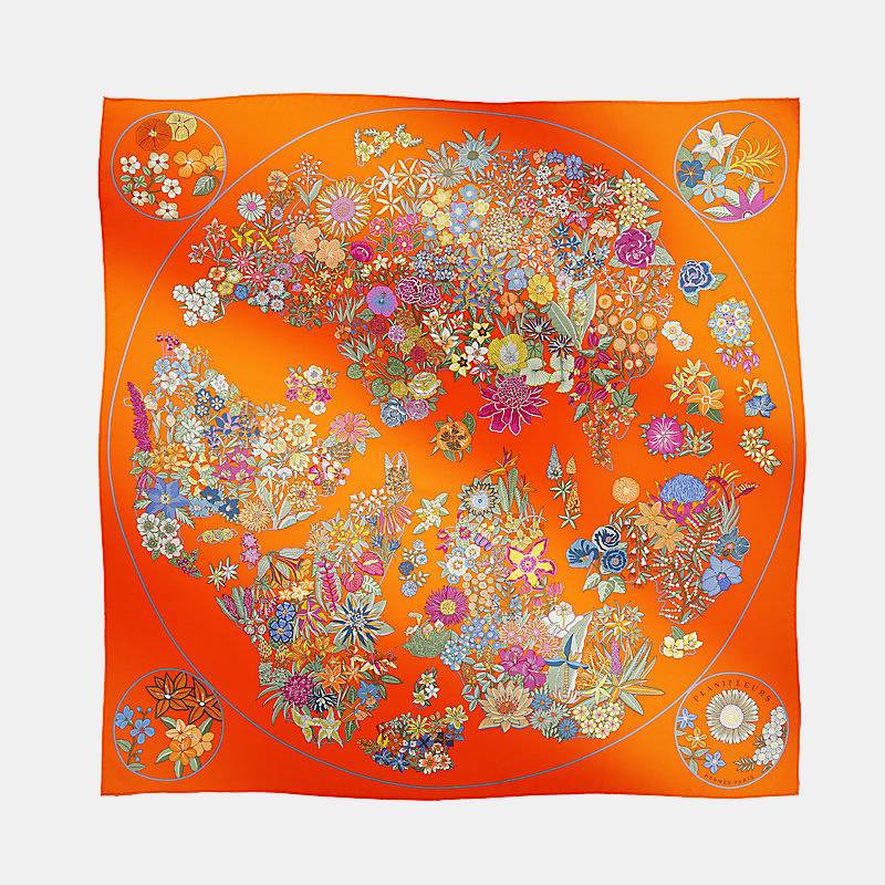 Hermes Planifleurs Scarf 90 , orange, Closeup