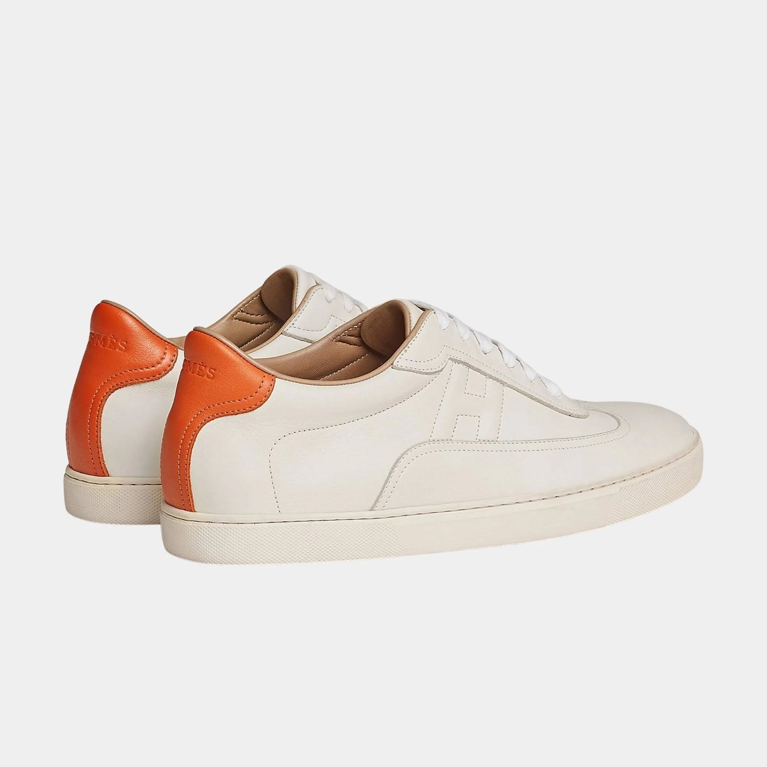 Hermes Quicker Sneaker in Calfskin, Blanc , Orange, Back