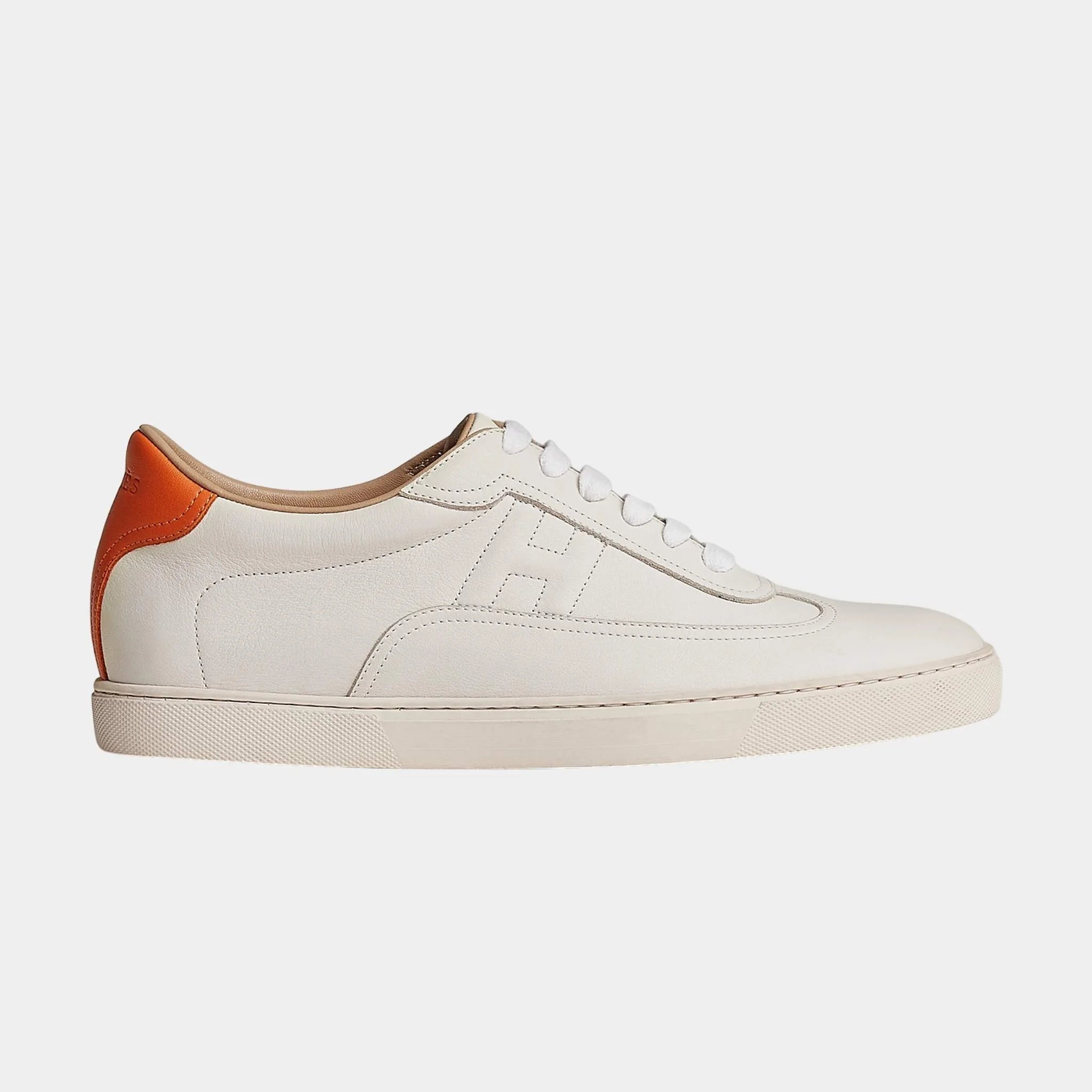 Hermes Quicker Sneaker in Calfskin, Blanc , Orange, Side