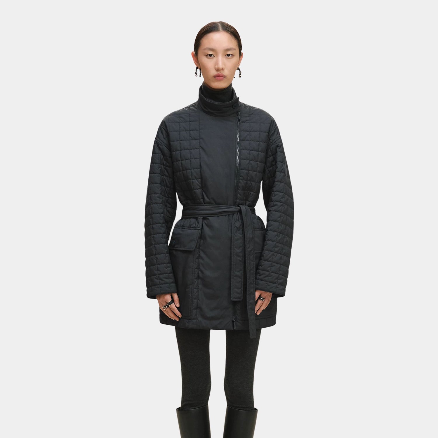 Hermes Quilted Coat in Feather Canvas, Noir, Front