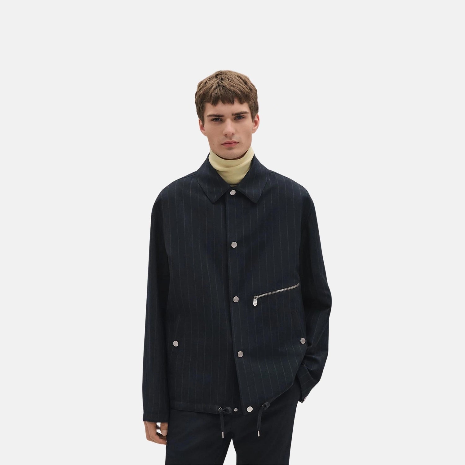 Hermes Removable Hooded Overshirt in Wool and Paper Stripes, Front