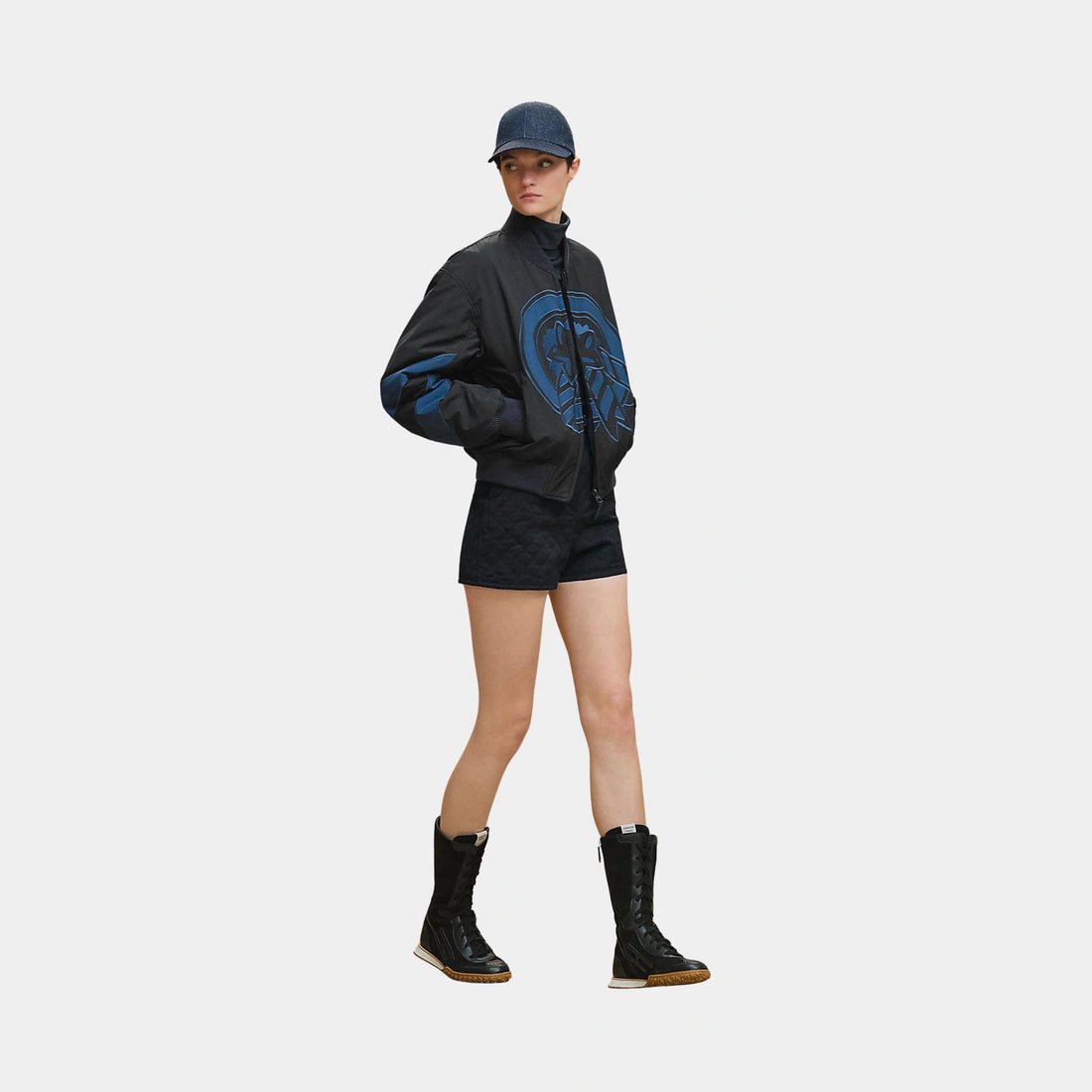 Hermes Reversible Bomber Jacket in Feather Canvas, Bleu Noir, Model