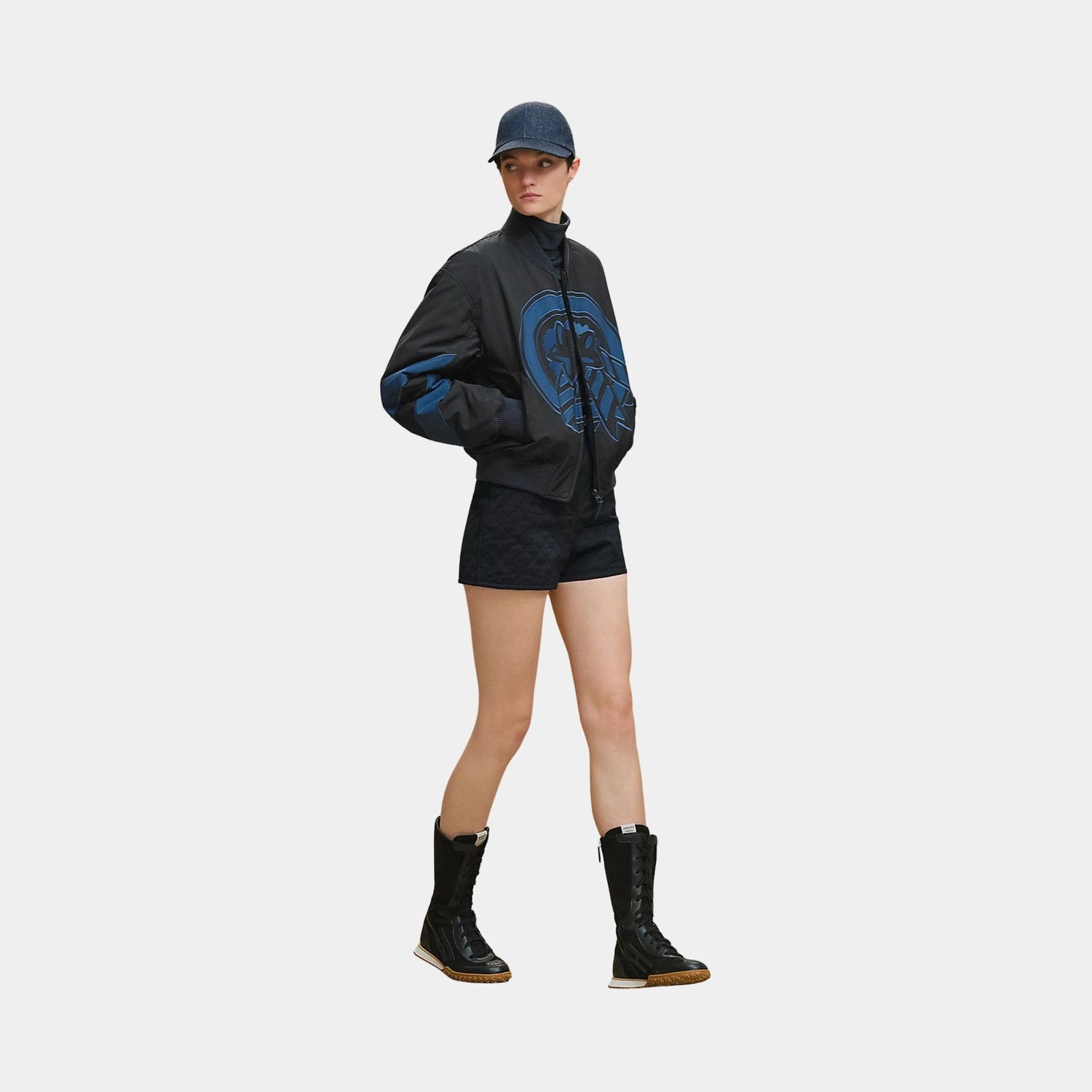 Hermes Reversible Bomber Jacket in Feather Canvas, Bleu Noir, Model