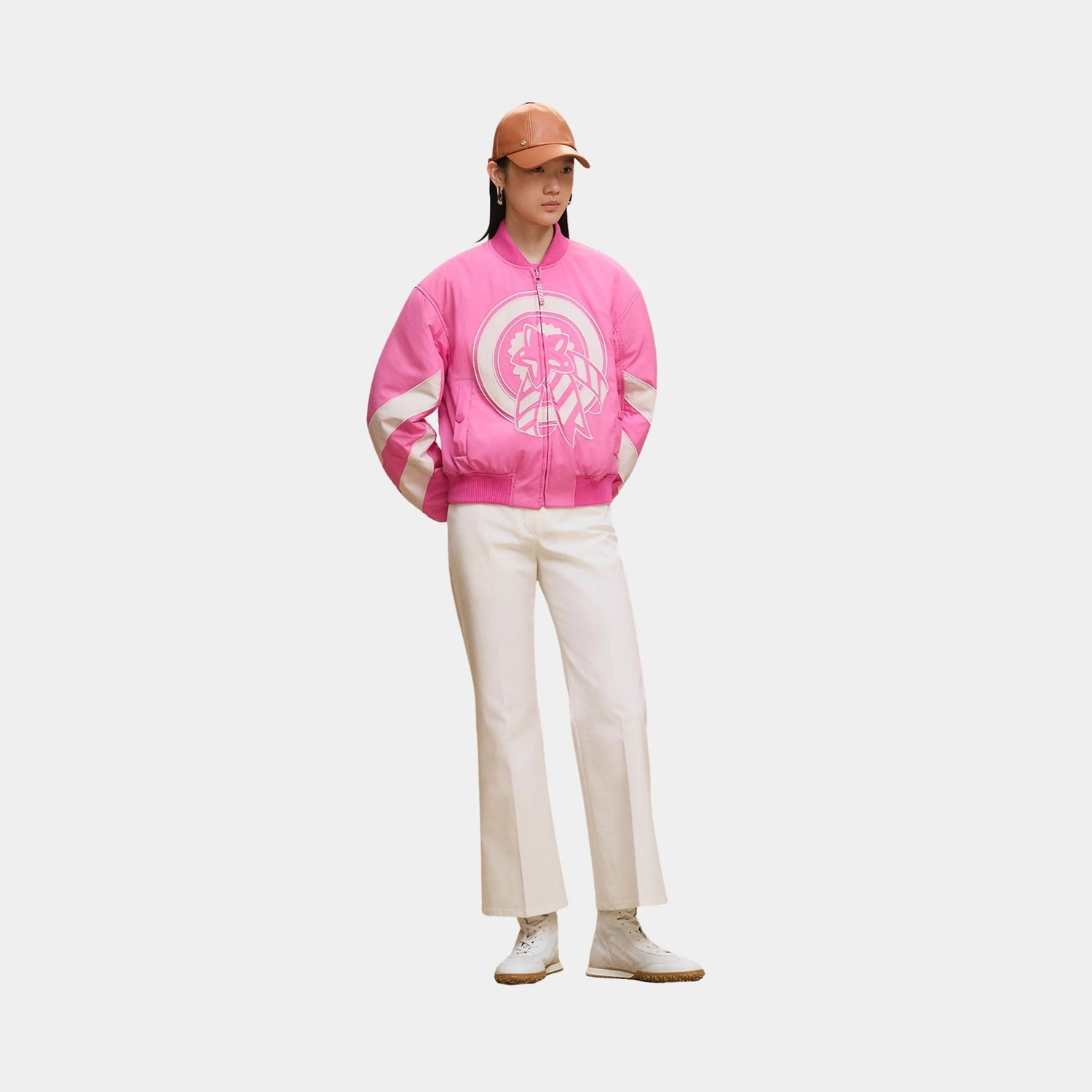 Hermes Reversible Bomber Jacket in Feather Canvas, Rose Sakura, Model