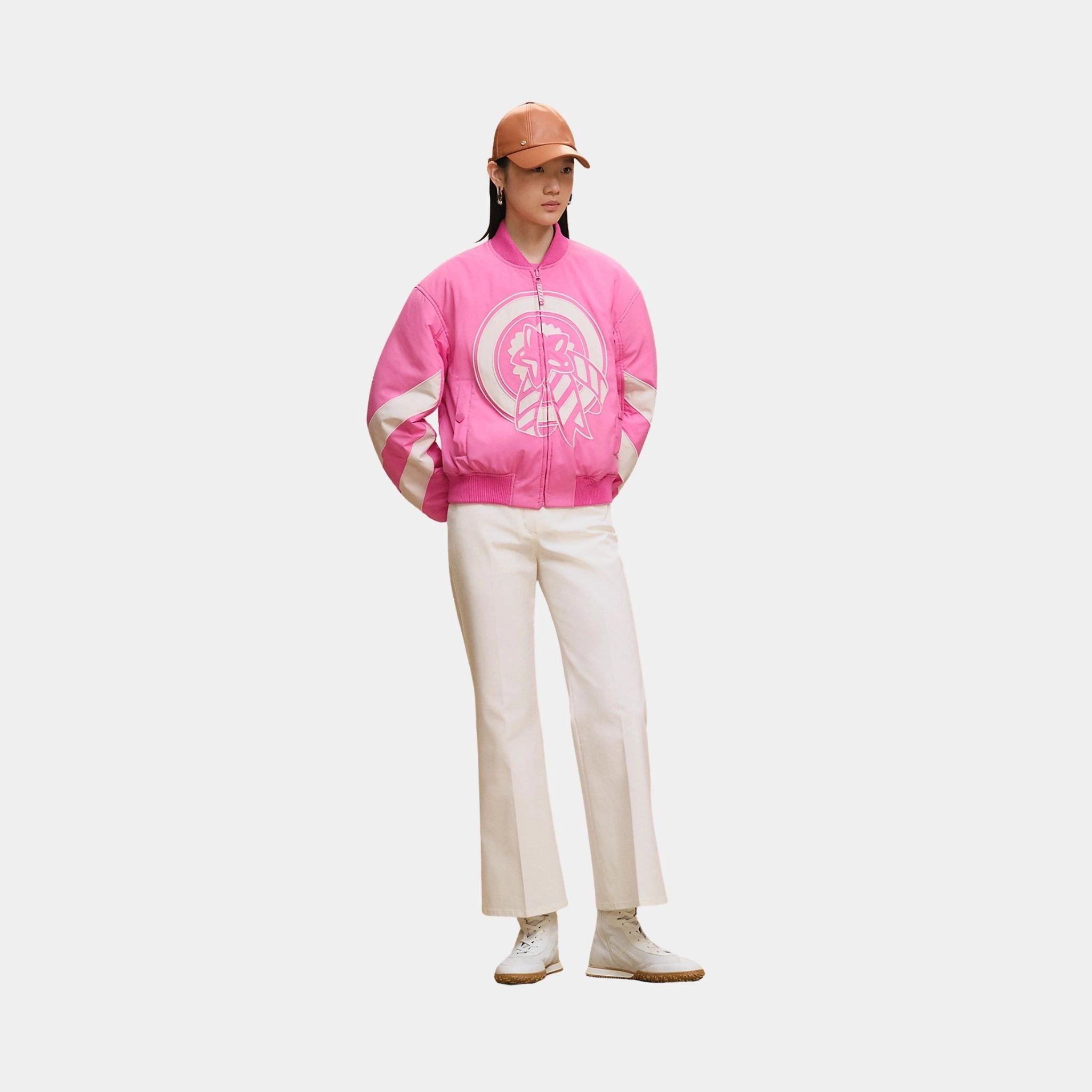 Hermes Reversible Bomber Jacket in Feather Canvas, Rose Sakura, Model