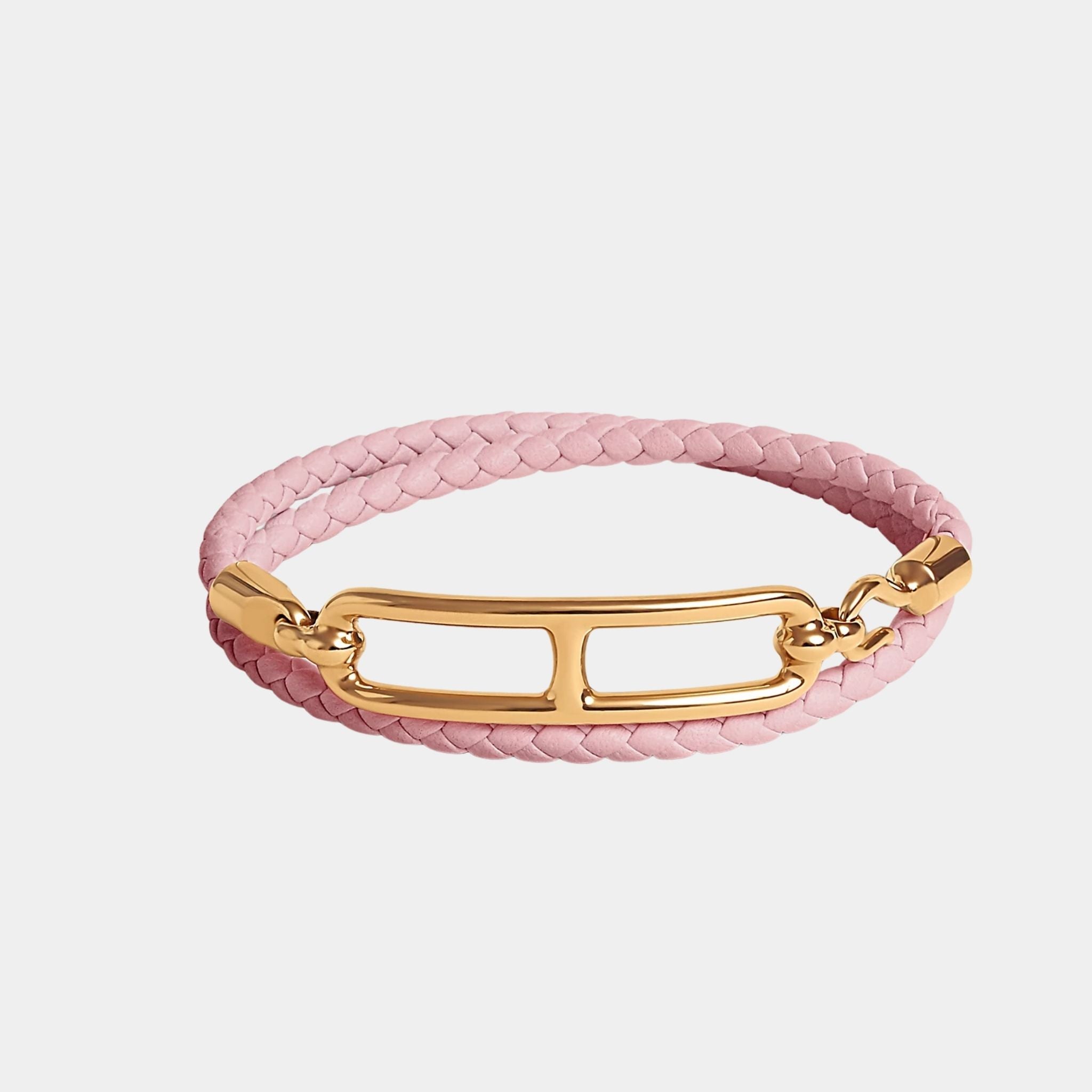 Hermes Roulis Double Tour Bracelet Swift Calfskin Gold Plated, Rose Sakura