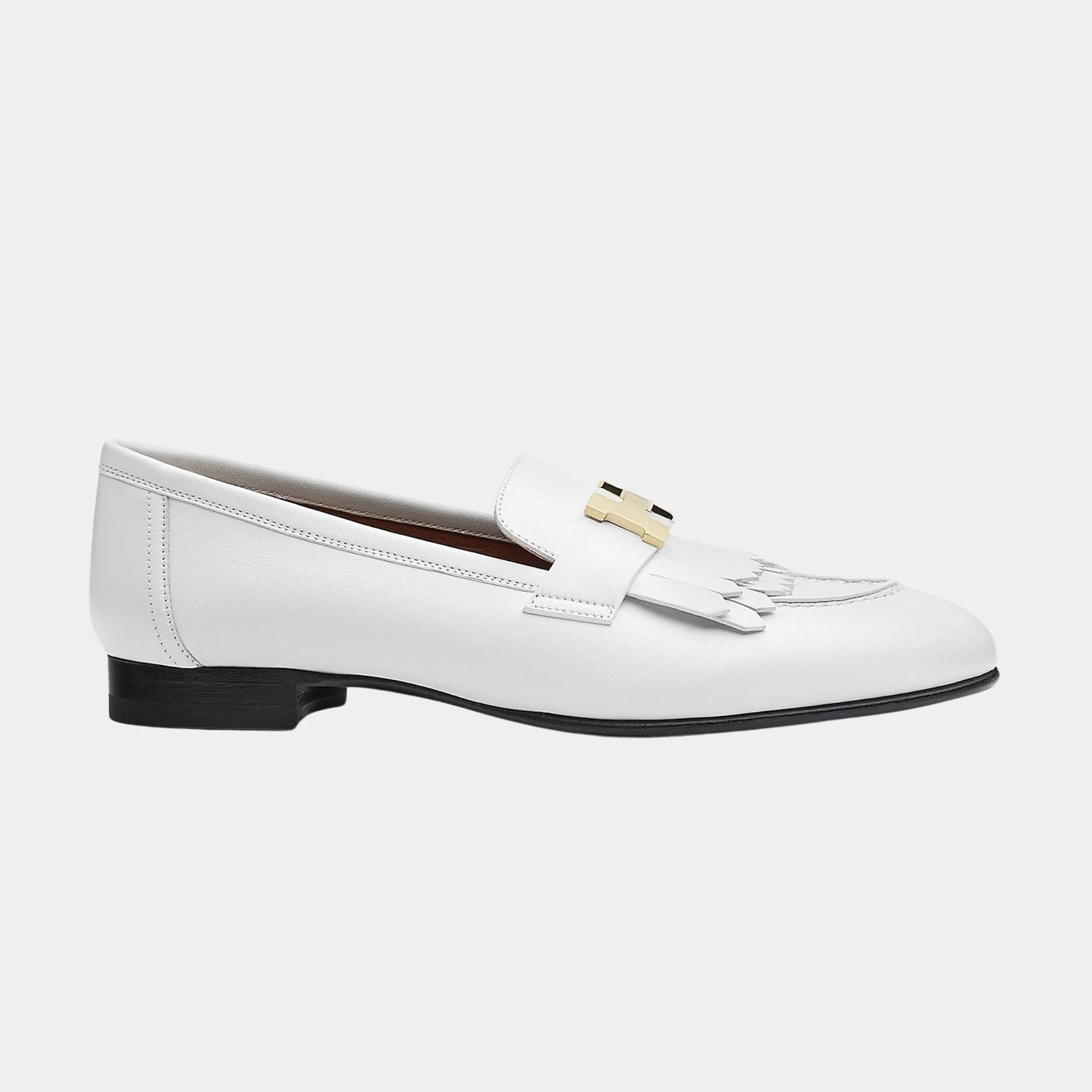 Hermes Royal Loafer in Calfskin with Gold Plated Buckle Women, Blanc, Side