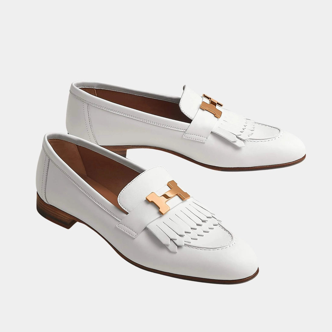 Hermes Royal Loafer in Calfskin with Rose Gold Plated Buckle, Blanc, Front