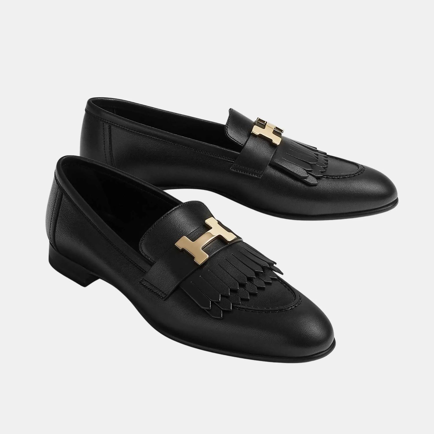 Hermes Royal Loafer in Goatskin with Permabrass Plated Buckle, Noir, Front