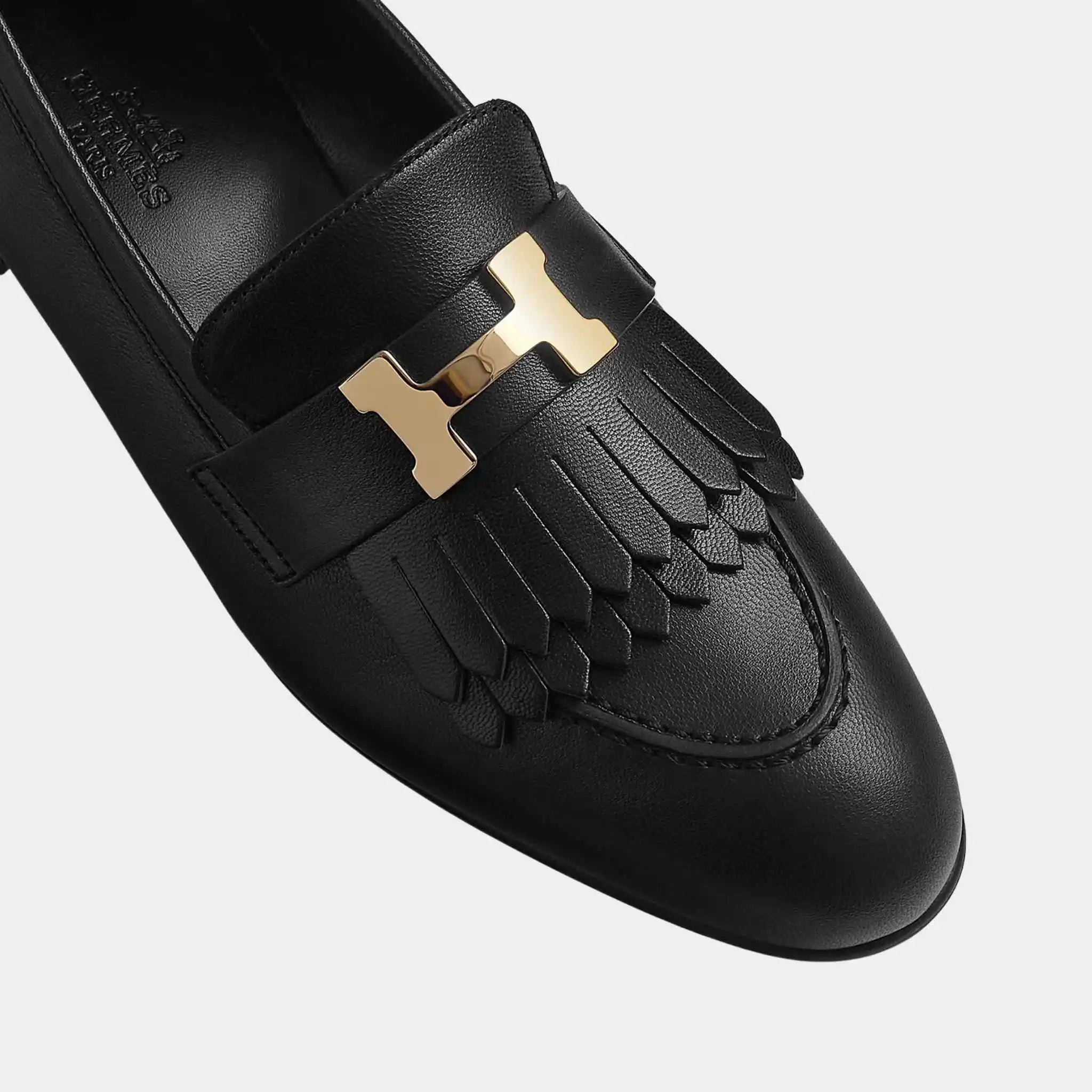 Hermes Royal Loafer in Goatskin with Permabrass Plated Buckle, Noir, Top