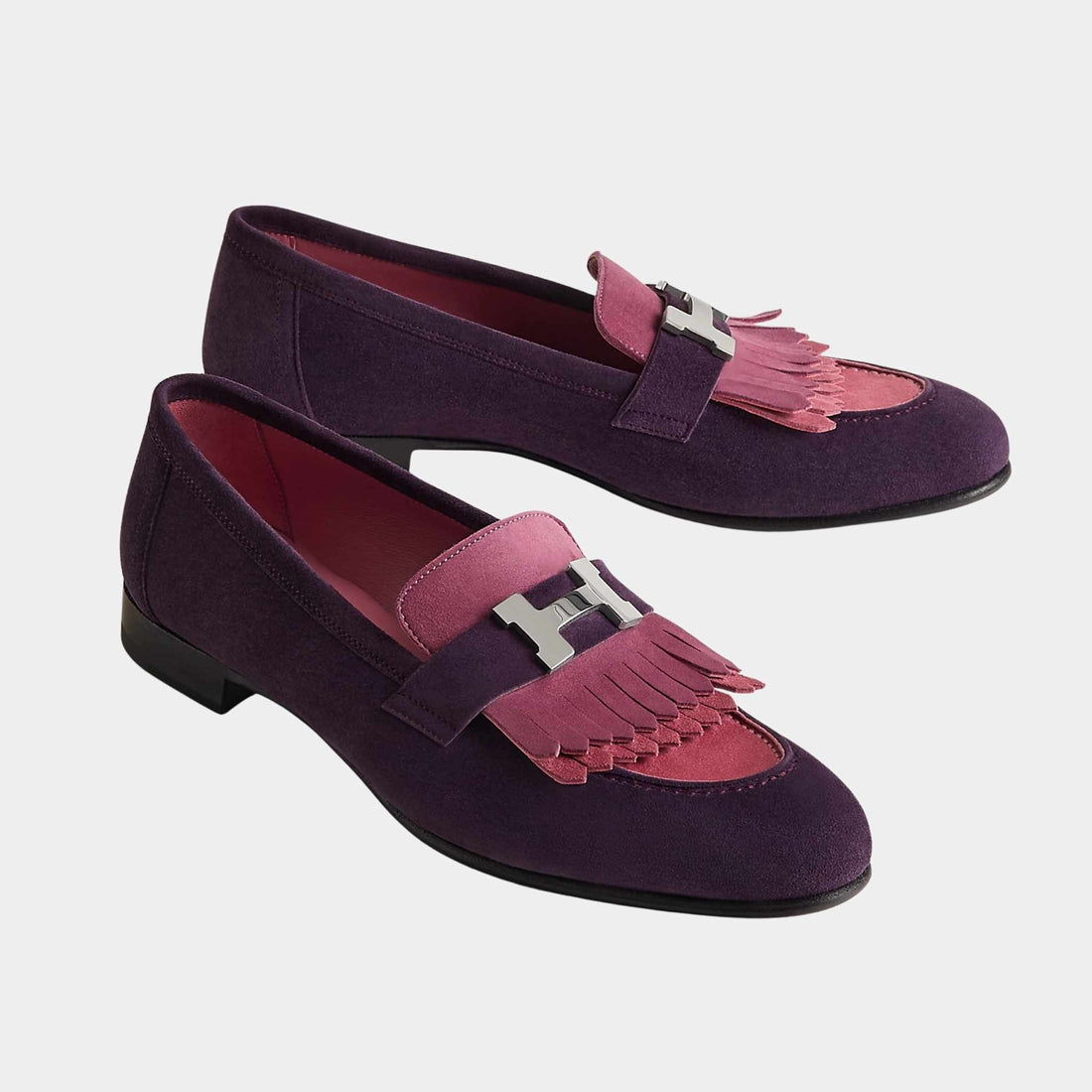 Hermes Royal Loafer in Suede Goatskin with Palladium Plated Buckle, Violet Oaxaca, Front