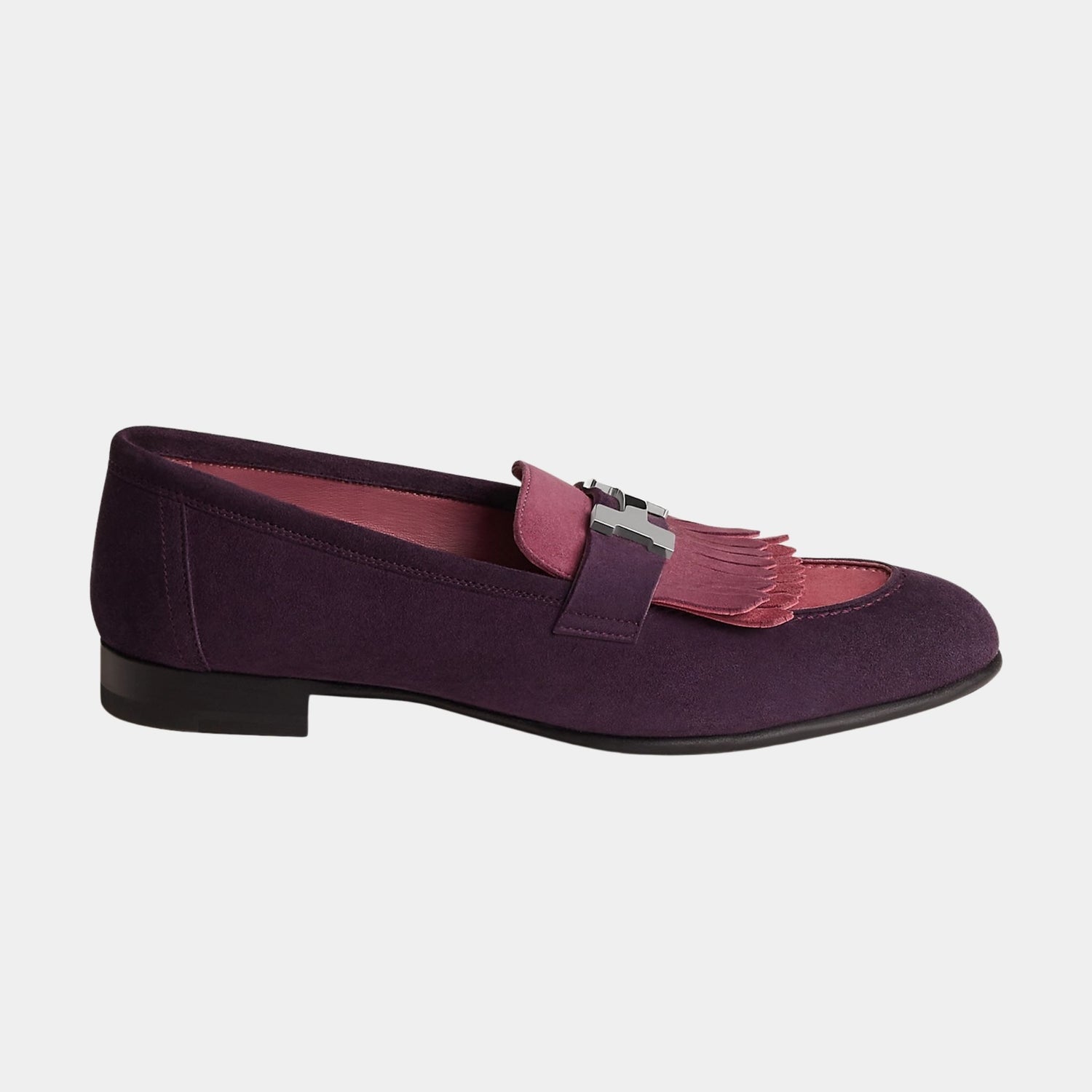 Hermes Royal Loafer in Suede Goatskin with Palladium Plated Buckle, Violet Oaxaca, Side