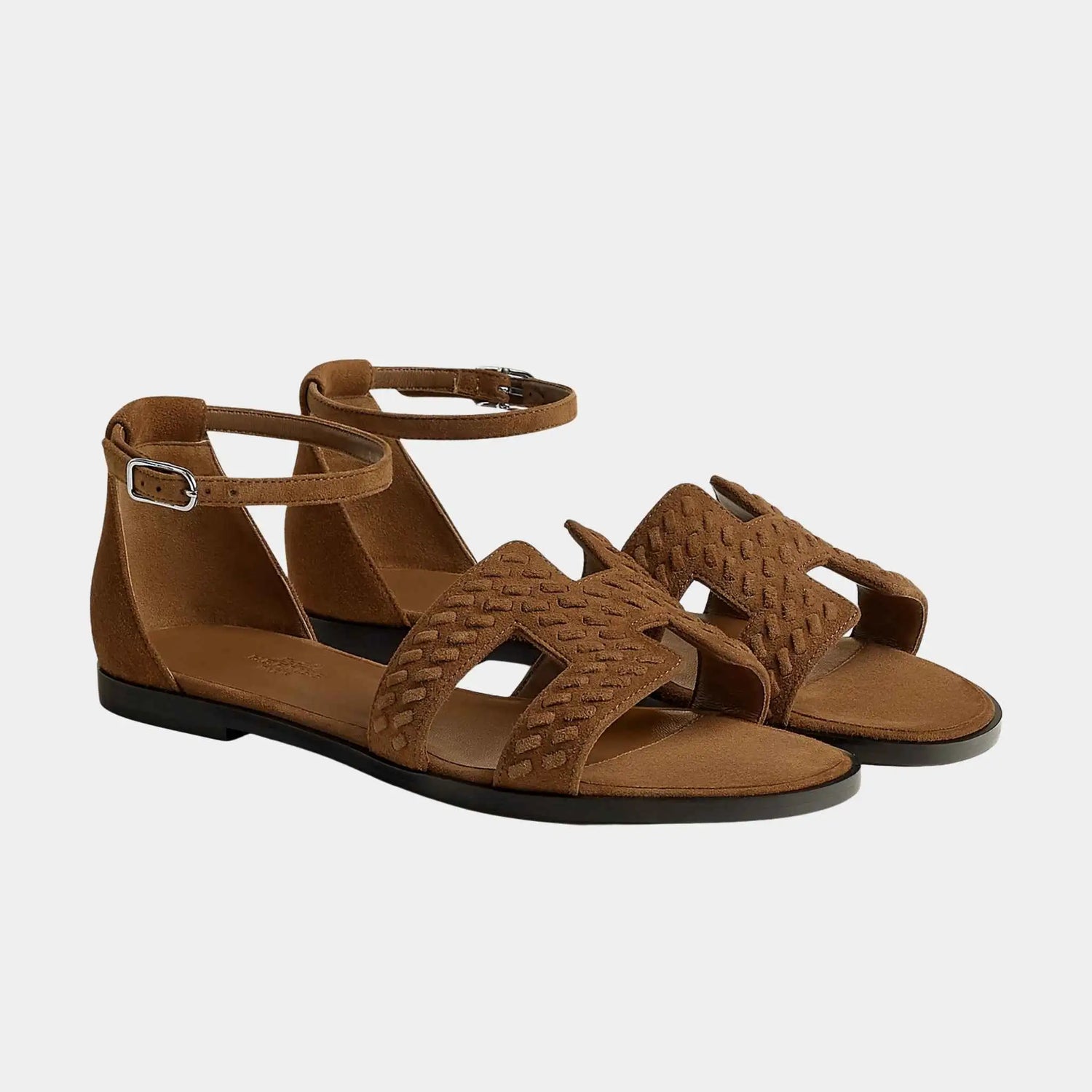 Hermes Santorini Sandal Braided Suede Goatskin, Brun Fume, Front