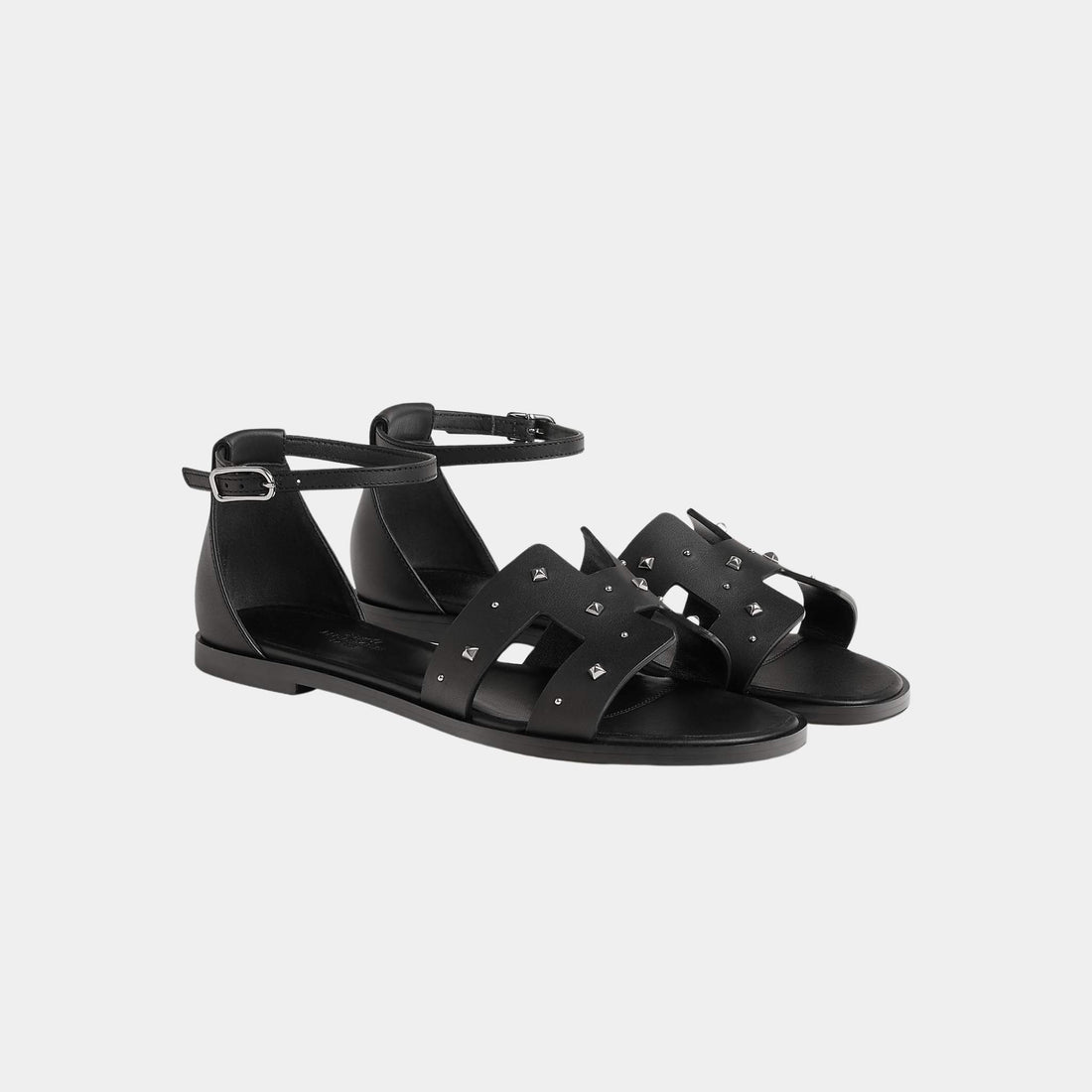 Hermes Santorini Sandals Calfskin With Medor Studs, Black, Front