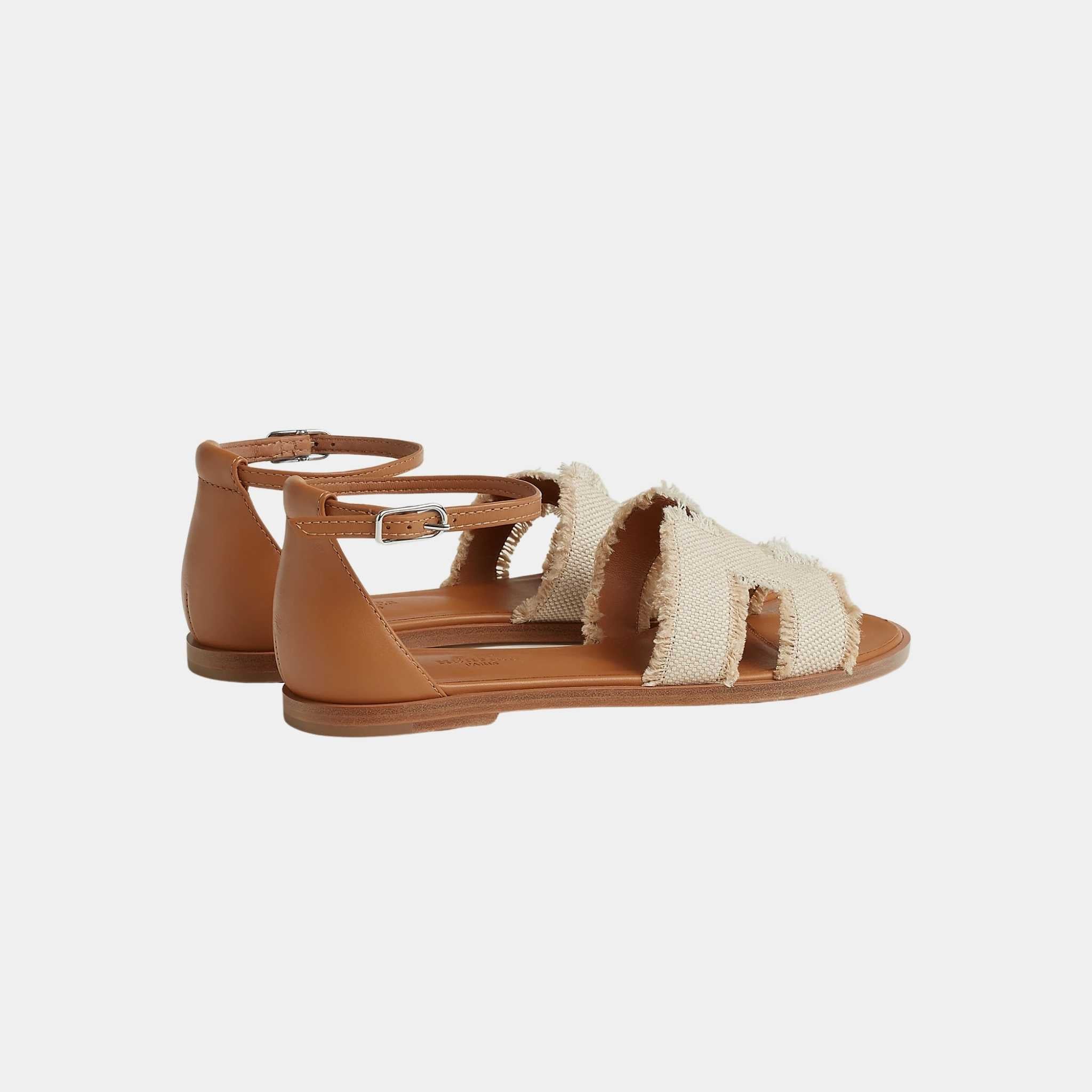 Hermes Santorini Sandals Frayed Linen, Beige, Natural, Back