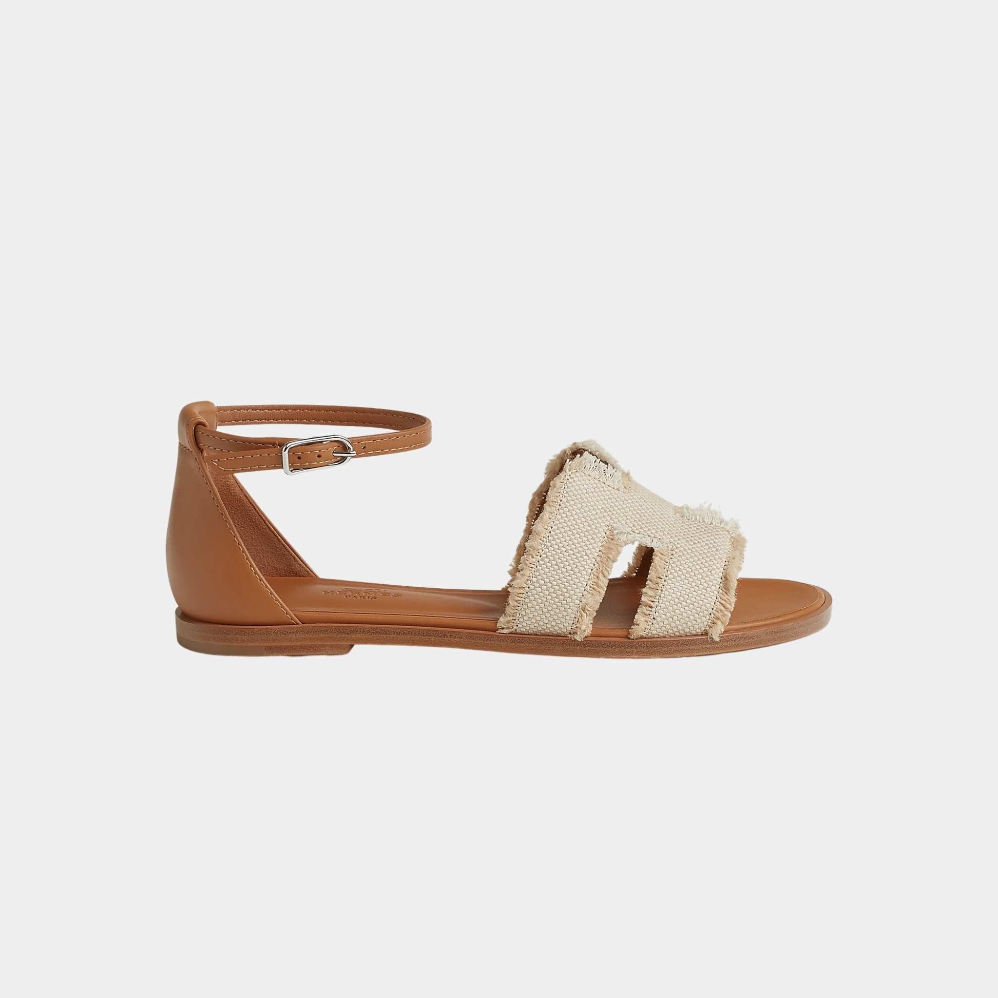 Hermes Santorini Sandals Frayed Linen, Beige, Natural, Side