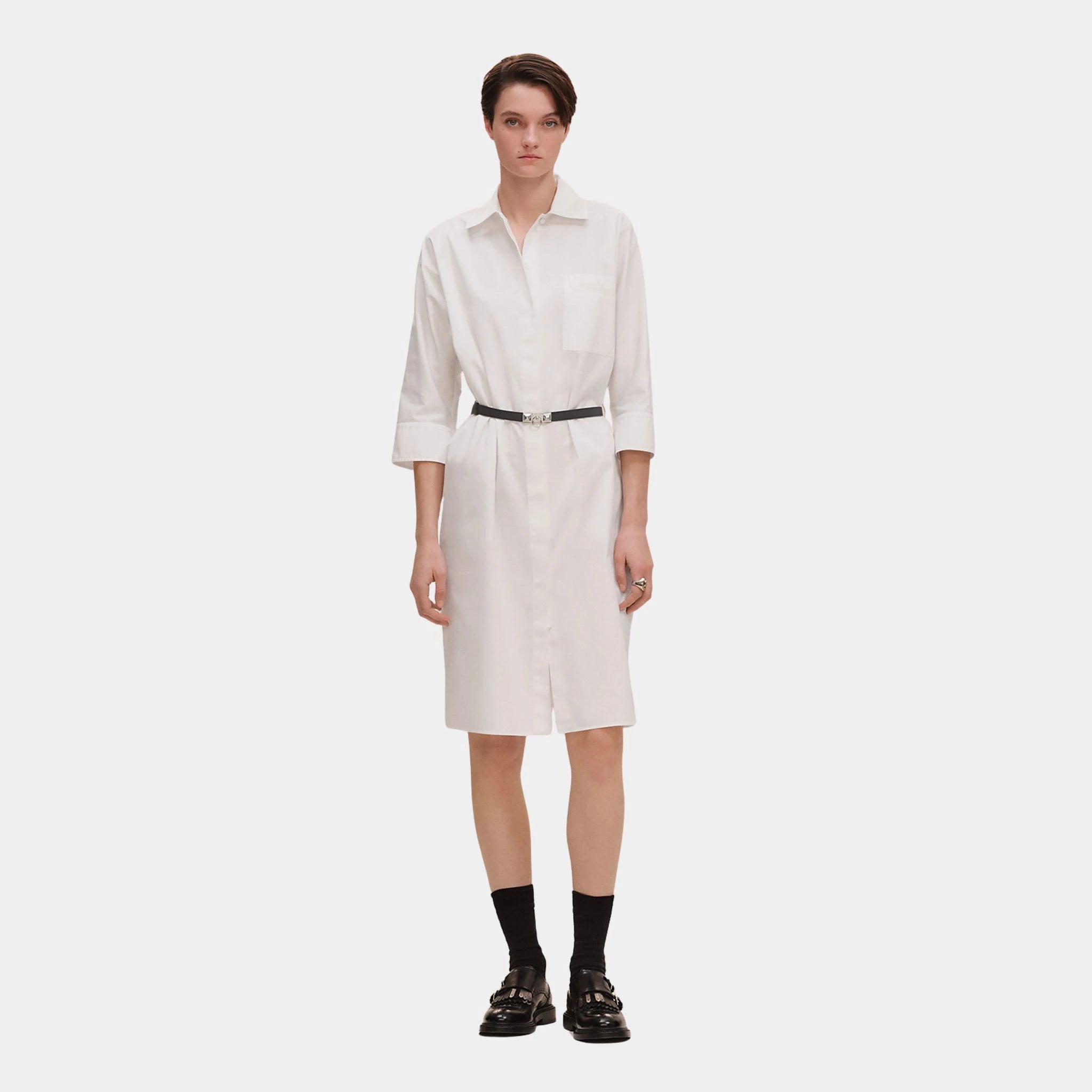 Hermes Shirt Dress in Cotton Twill, Blanc, Front