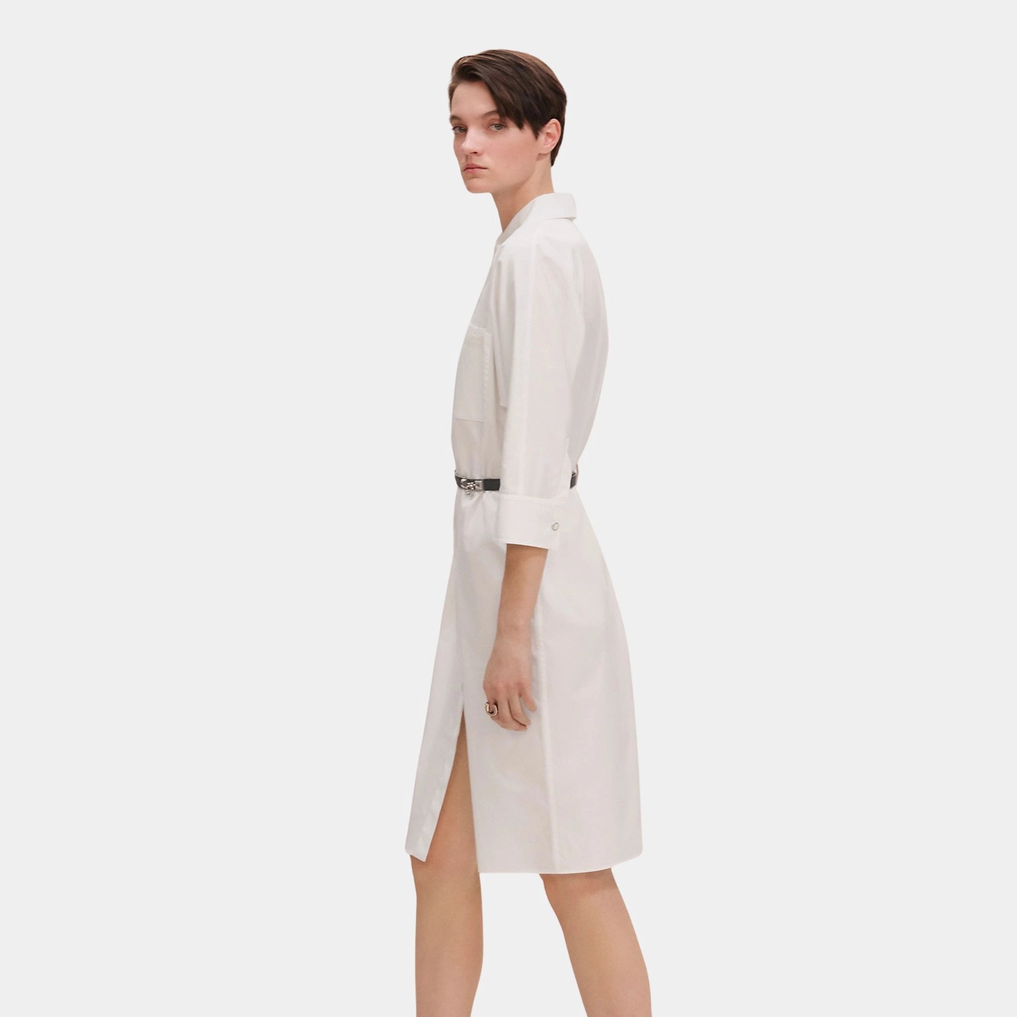 Hermes Shirt Dress in Cotton Twill, Blanc, Side