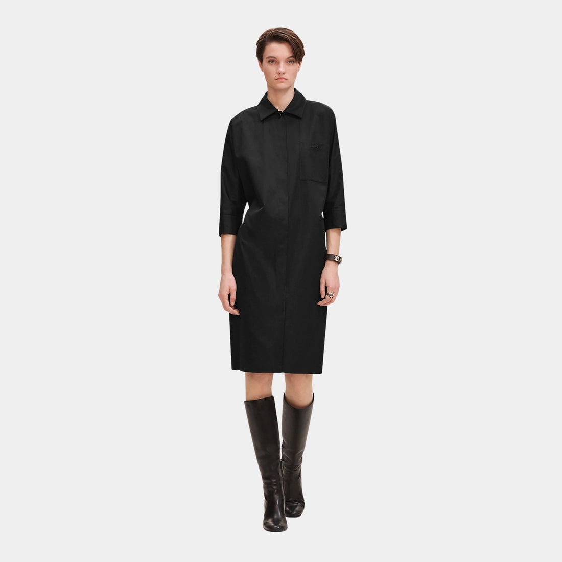 Hermes Shirt Dress in Cotton Twill, Noir, Front