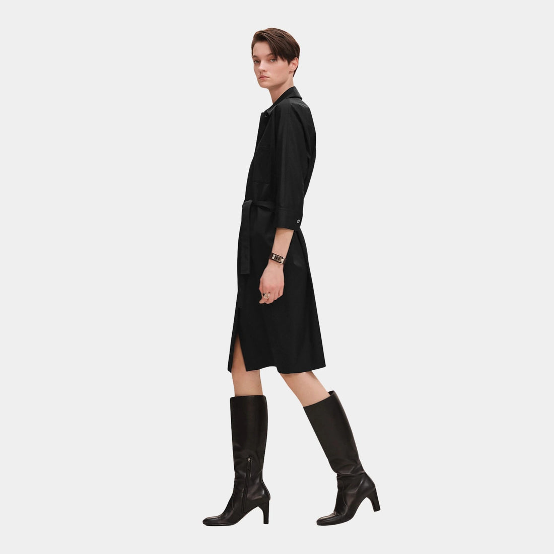 Hermes Shirt Dress in Cotton Twill, Noir, Side