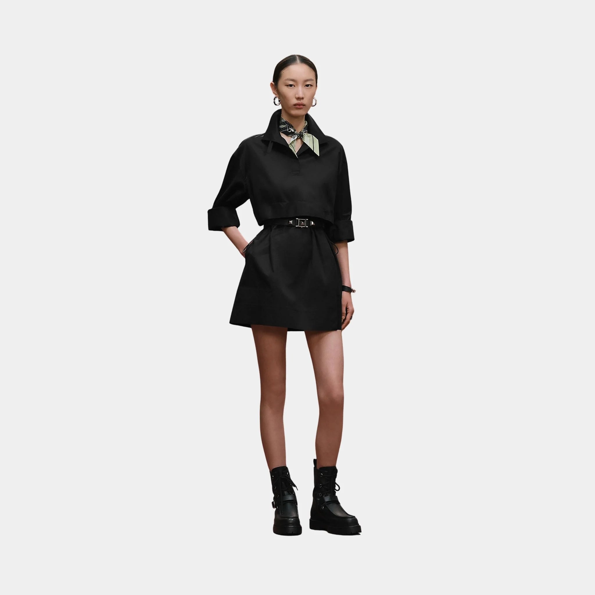 Hermes Short Polo Dress in Cotton Twill, Noir, Front