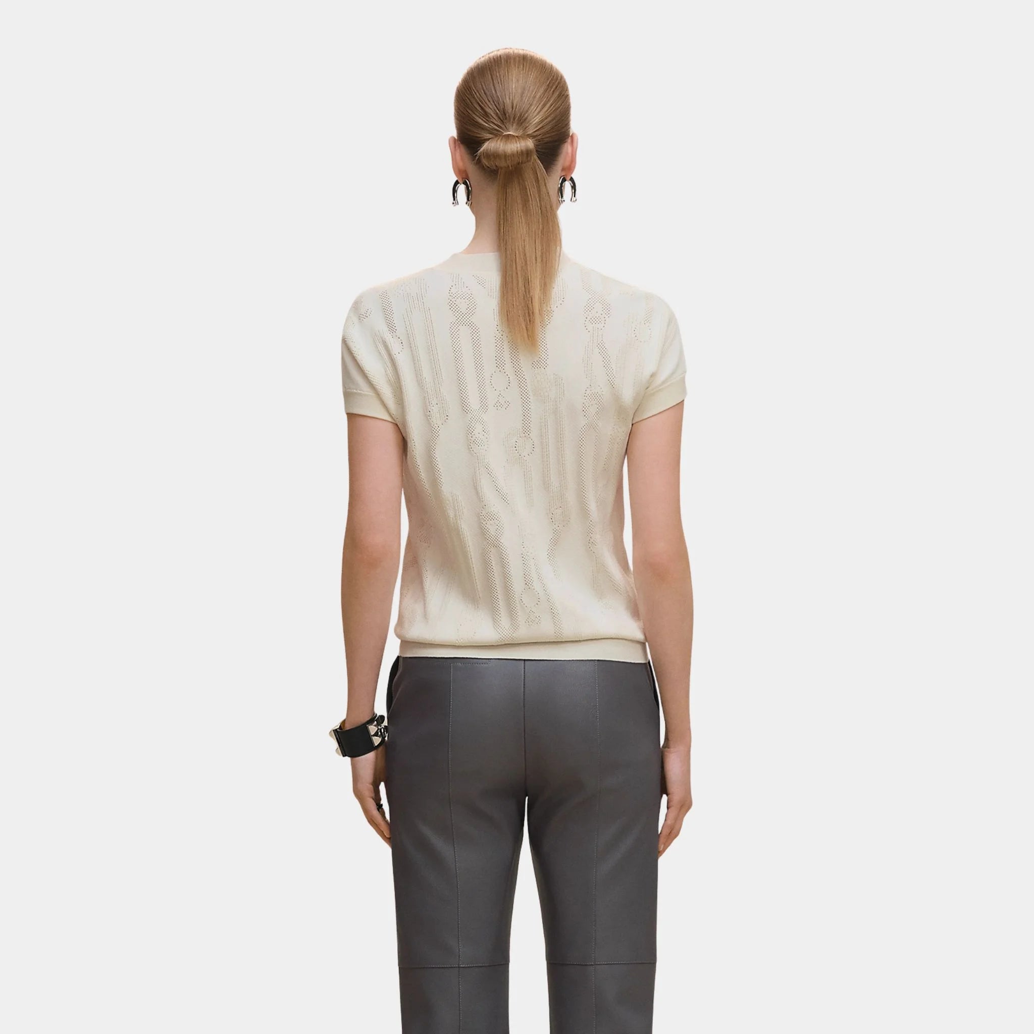 Hermes Short-sleeved Sweater with Palefroi Remix Motif, Blanc Naturel, Back