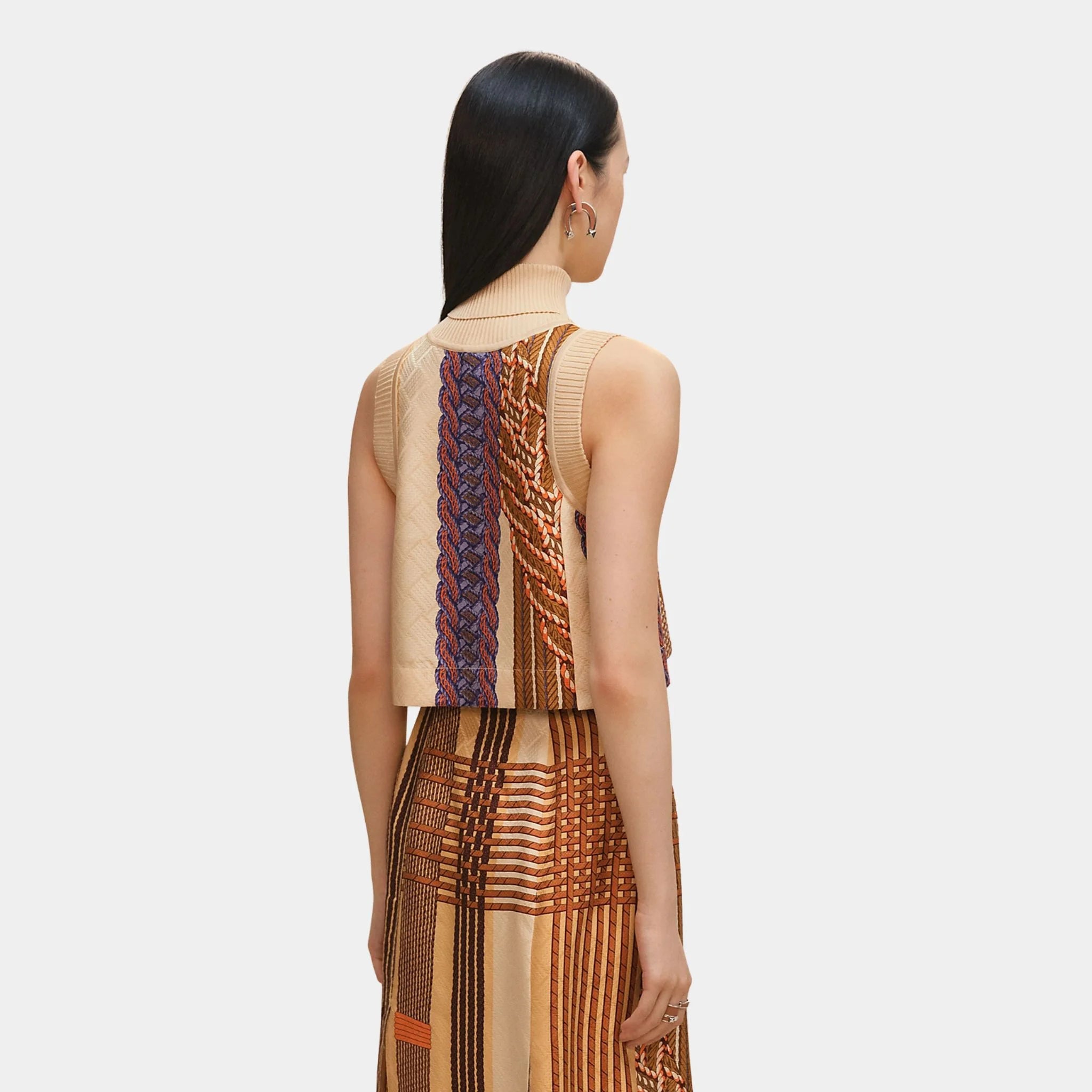 Hermes Short Tank Top with Dressage Tressage Print, Beige Vanilla, Back