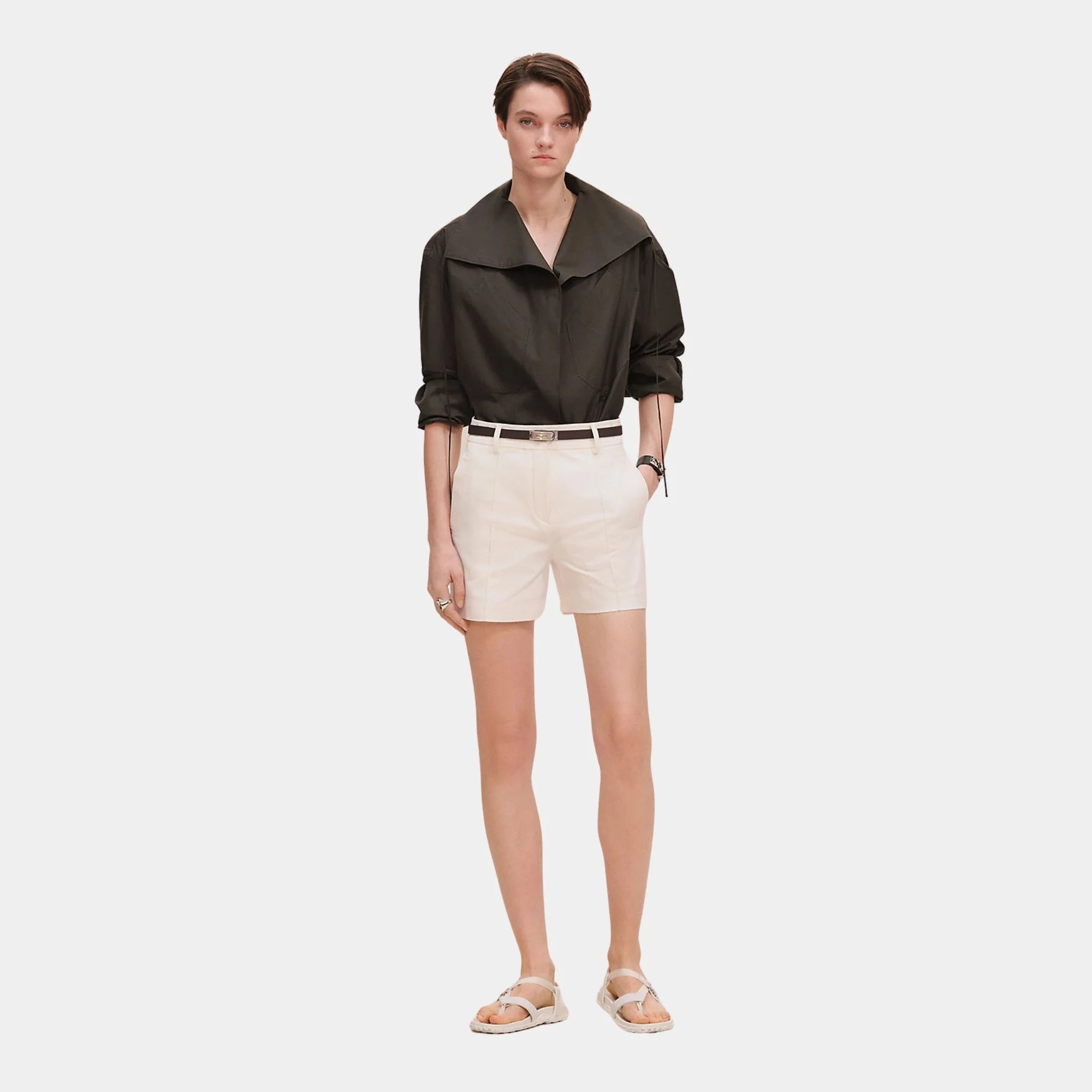 Hermes Shorts in Double Stretch Cotton Twill, Noir, Front