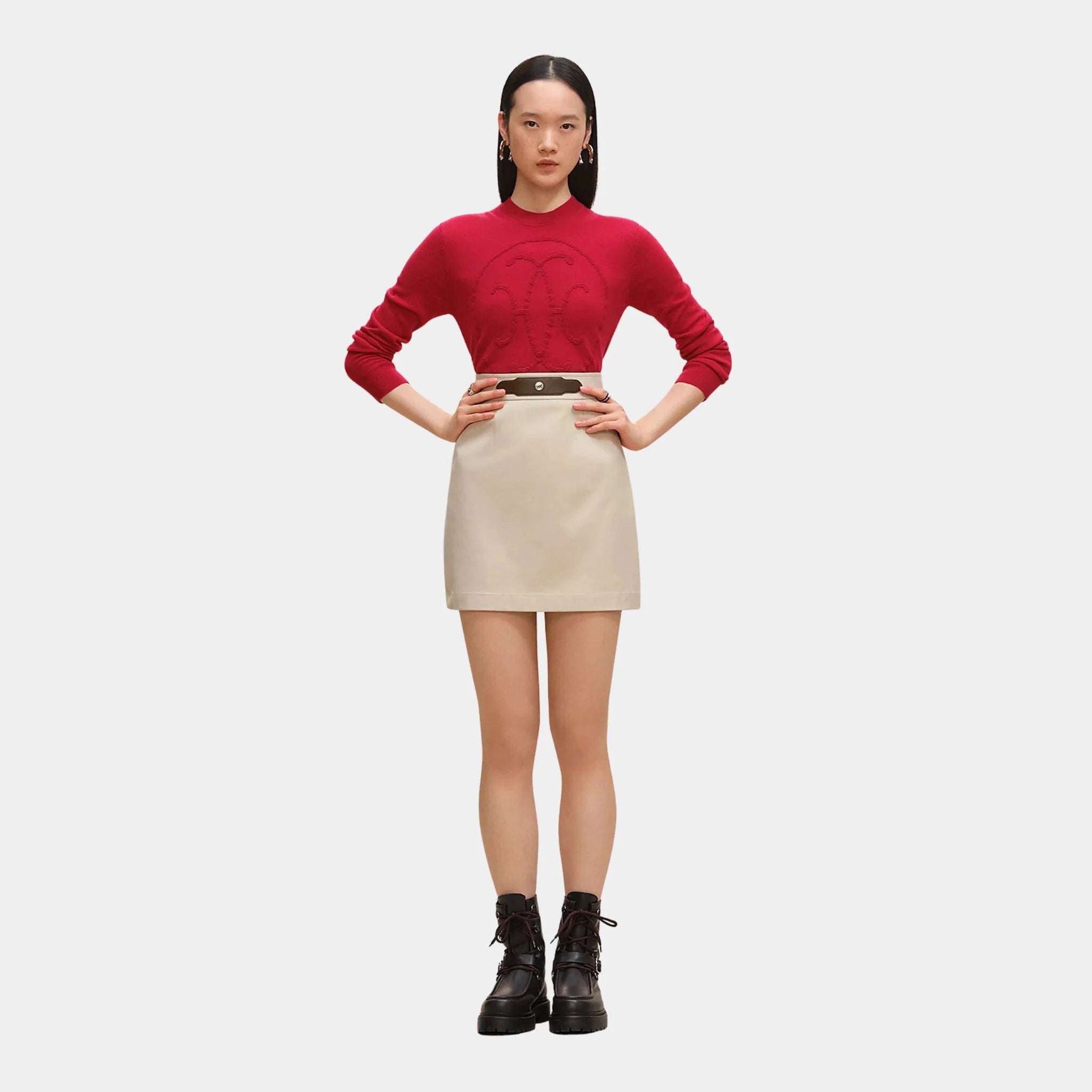 Hermes Skirt in Double Stretch Cotton Twill, Beige Avoine, Model