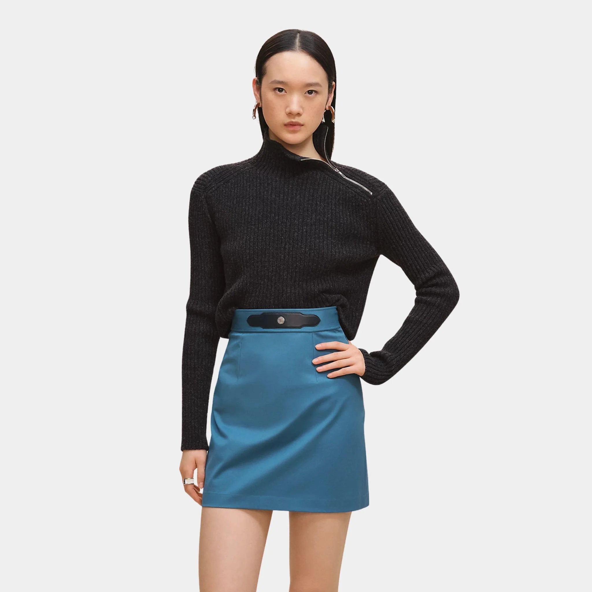 Hermes Skirt in Double Stretch Cotton Twill, Bleu Mer, Front