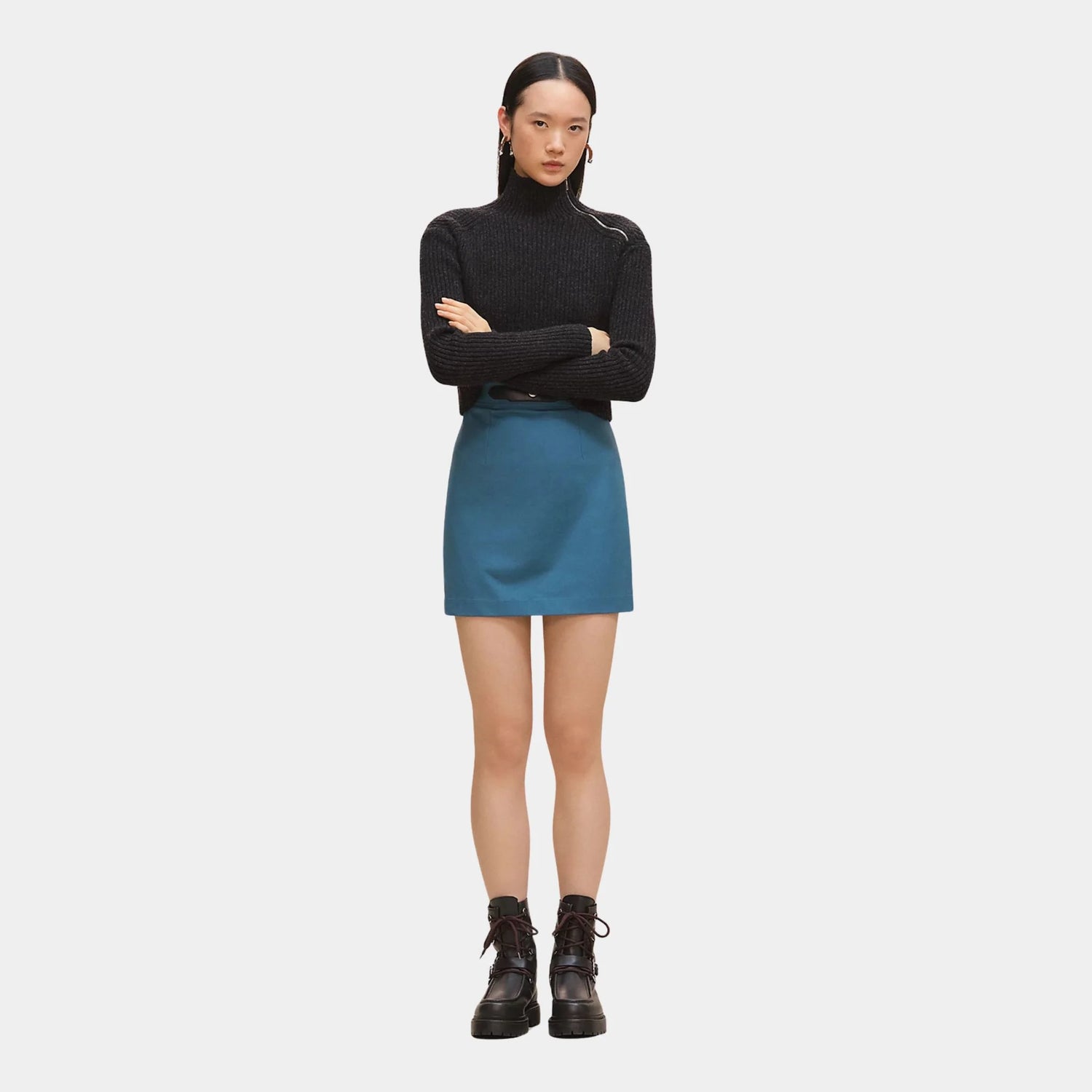 Hermes Skirt in Double Stretch Cotton Twill, Bleu Mer, Model